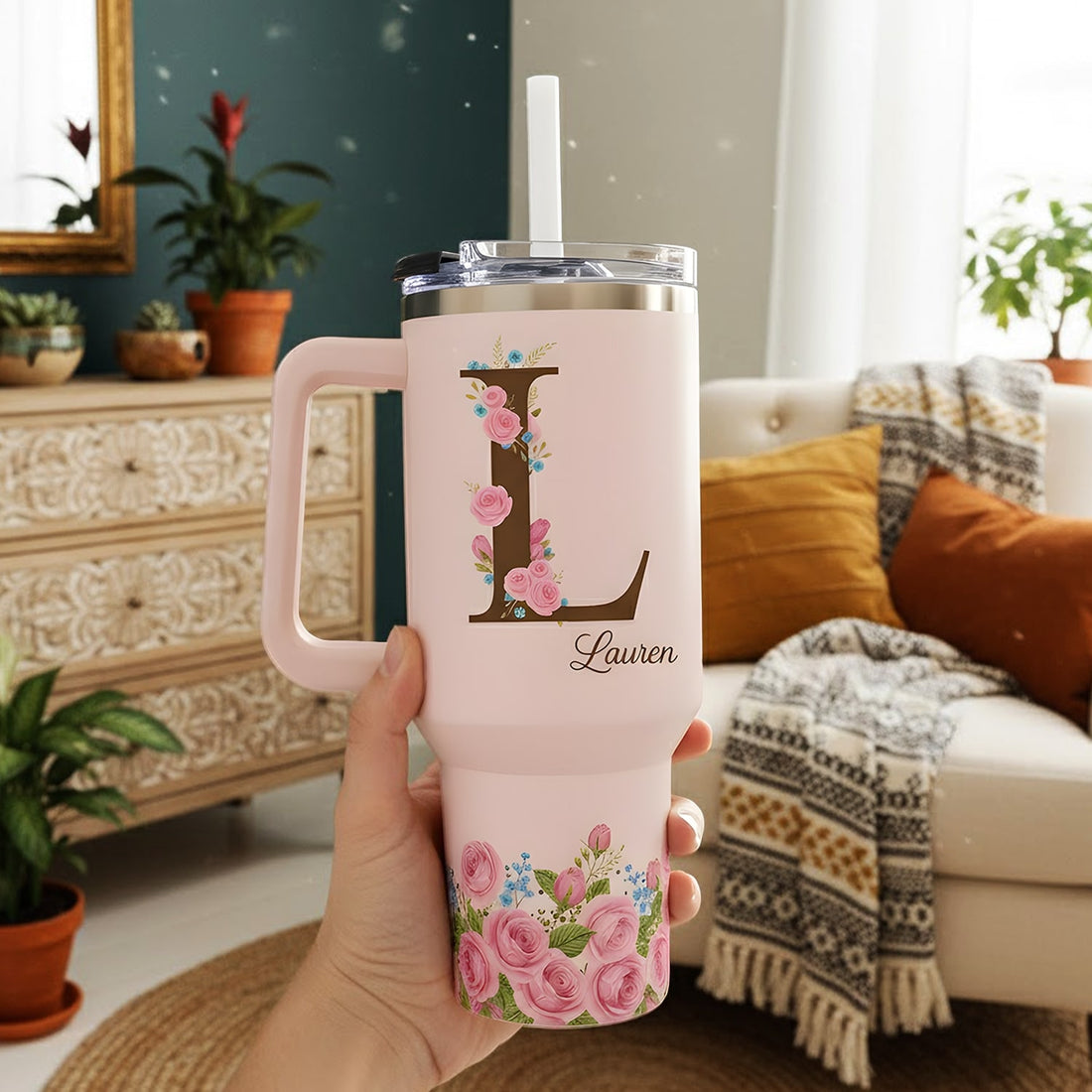Personalized floral tumbler with letter “L” and name Lauren — a charming, custom gift from HerTender.com for coffee lovers who adore beauty and meaning.