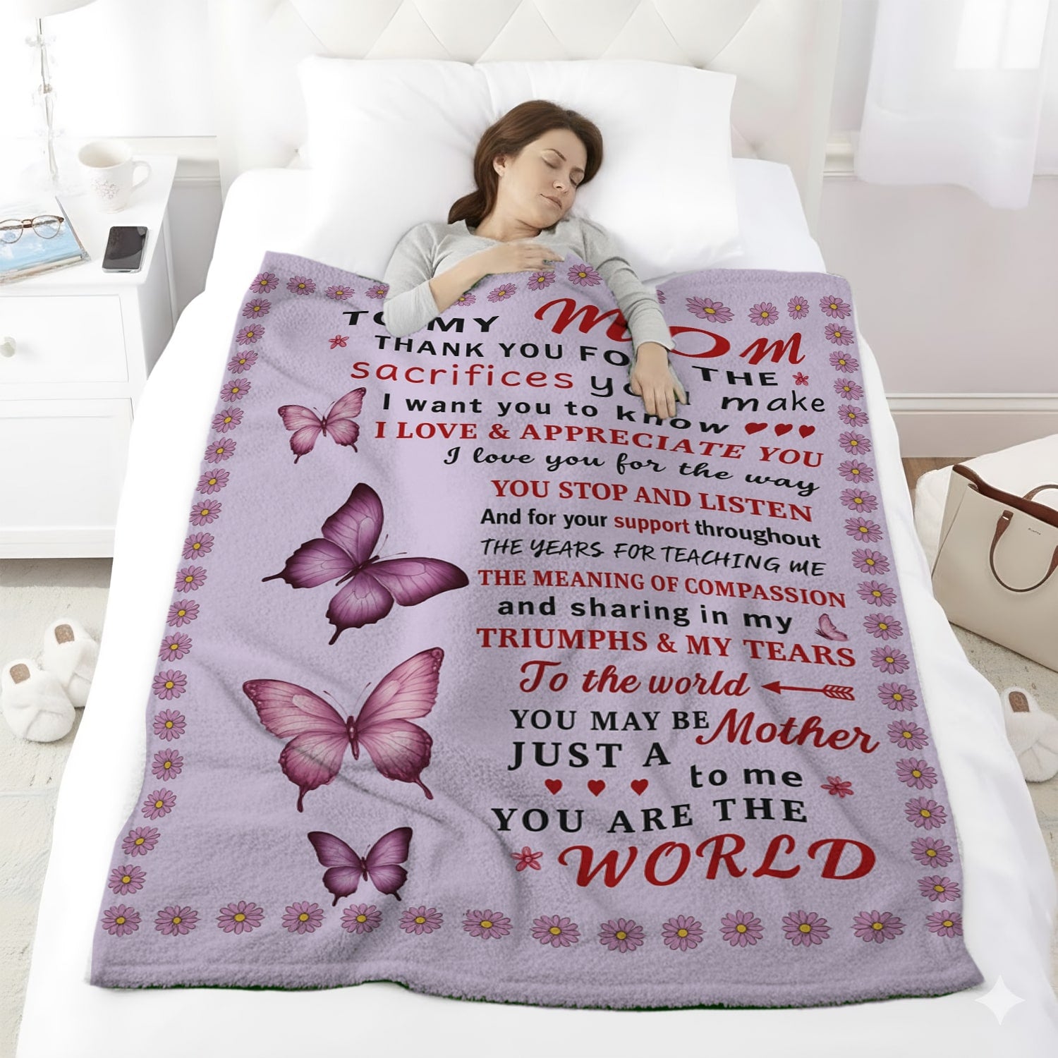 Woman peacefully sleeping under a purple blanket with a loving message for mom — explore warm, meaningful Personalized Gifts at HerTender.com.