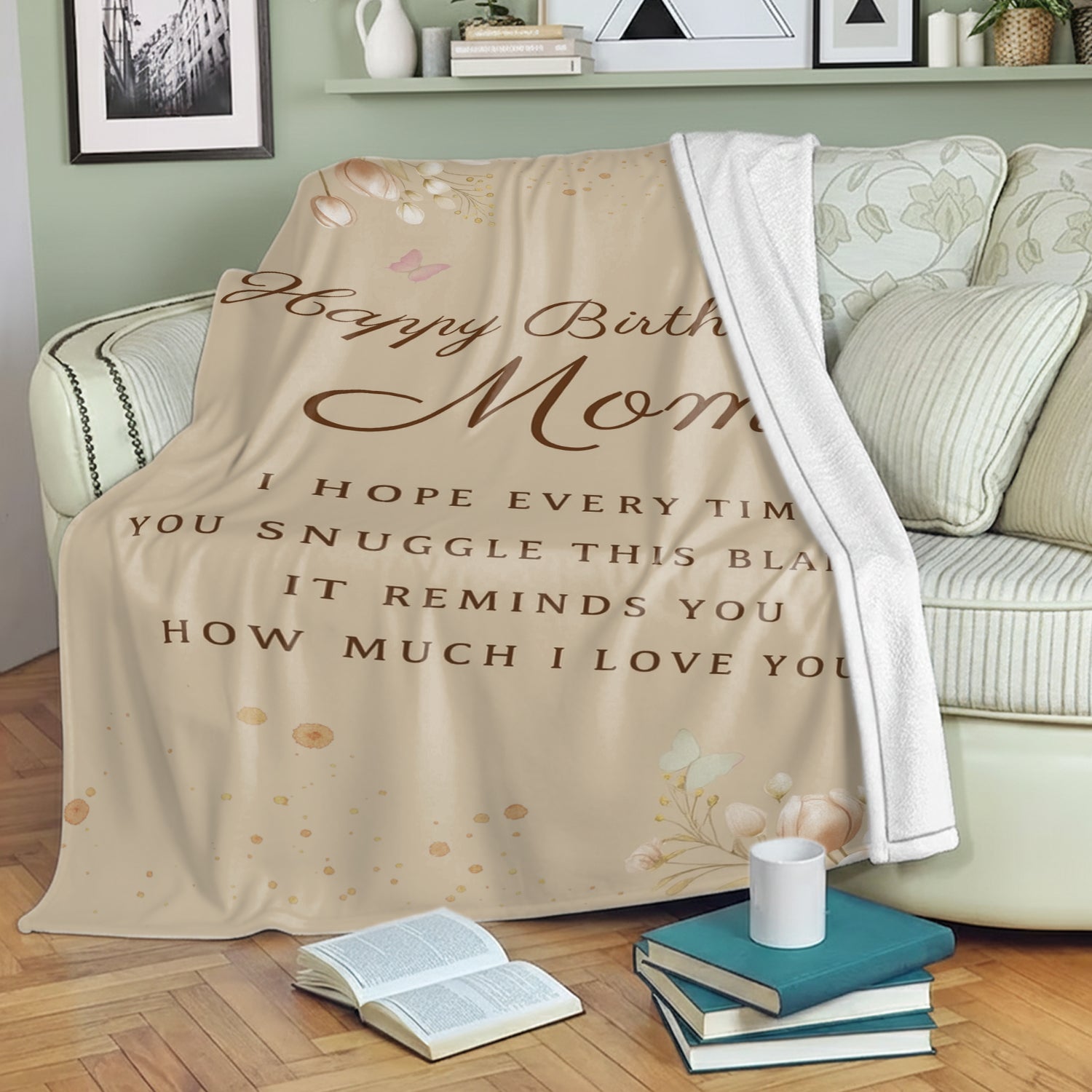 “Happy Birthday Mom” blanket — a soft and heartfelt Personalized Gift from HerTender.com, perfect for wrapping your mom in warmth and love.