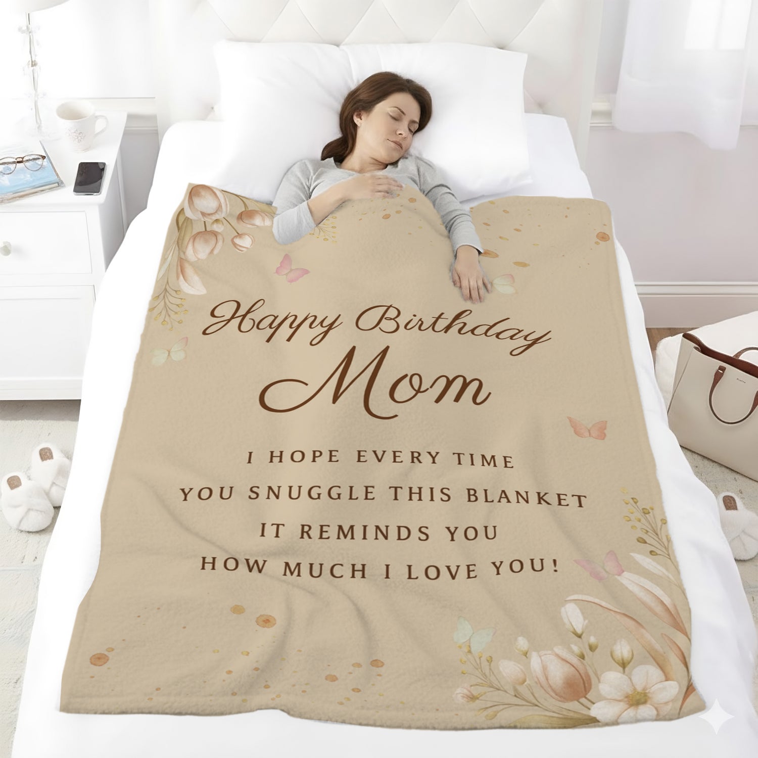 “Happy Birthday Mom” blanket — a comforting Personalized Gift from HerTender.com that wraps your mom in warmth and love on her special day.