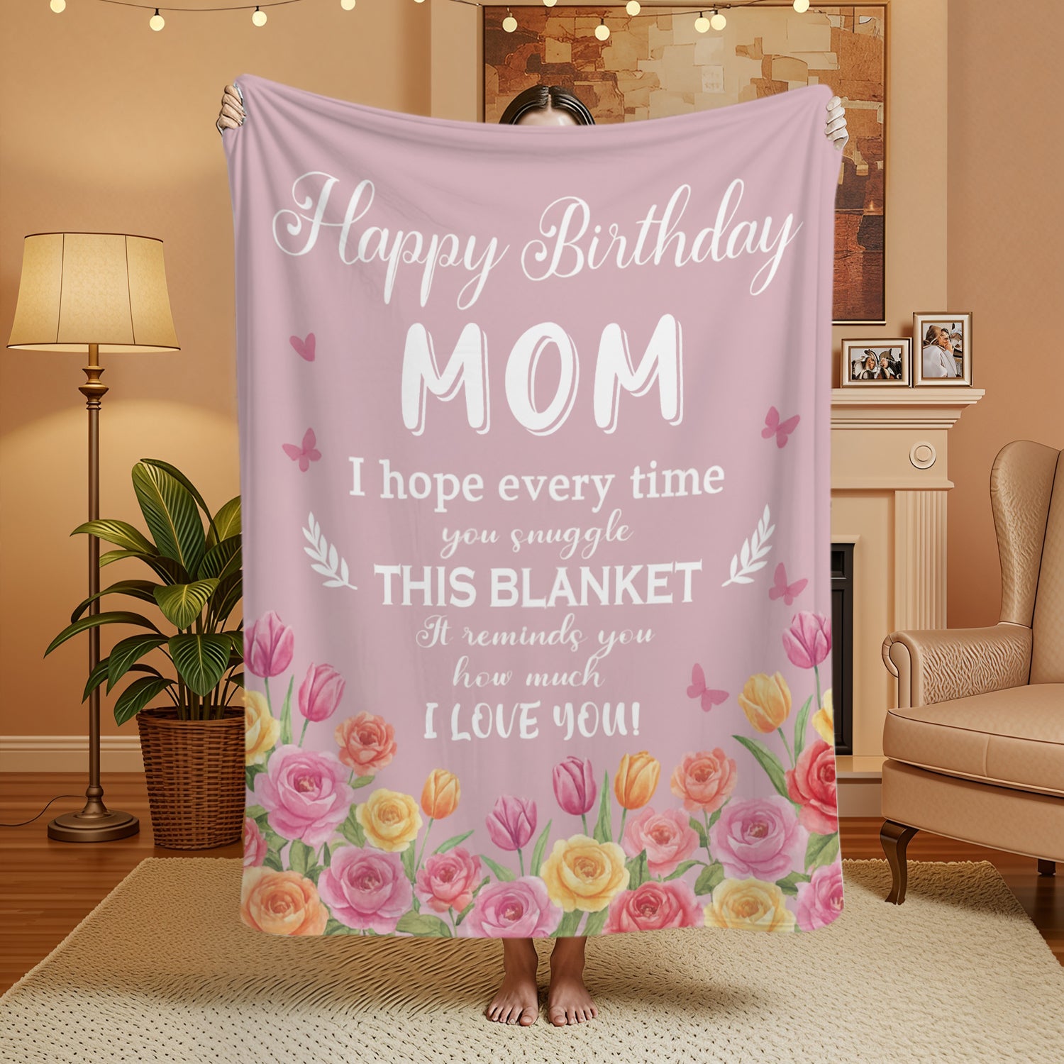 Pink floral “Happy Birthday Mom” blanket with a heartfelt message — Celebrate her day with meaningful personalized gifts from HerTender.com.