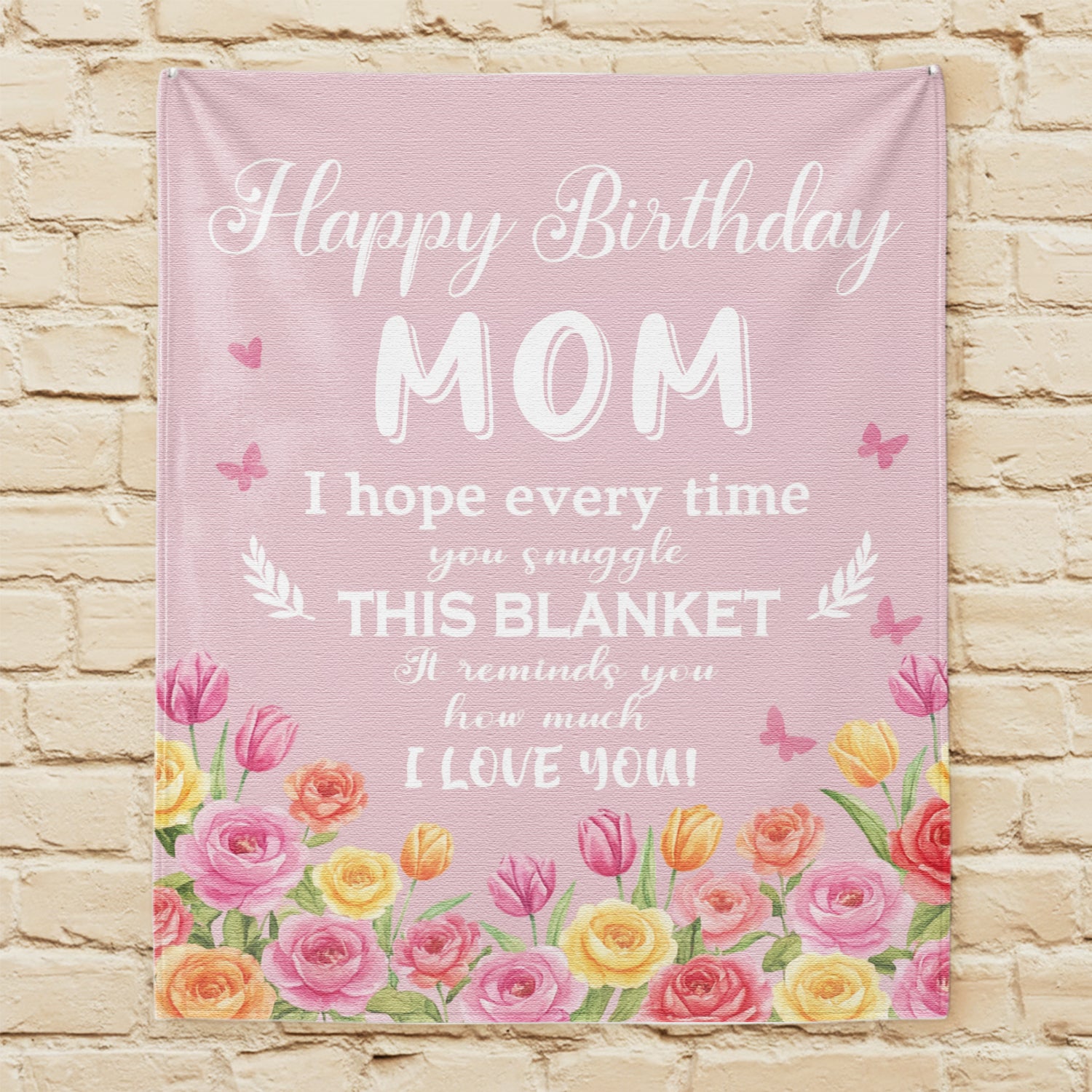 Pink “Happy Birthday Mom” floral blanket with heartfelt message — Discover meaningful personalized gifts for mom at HerTender.com.