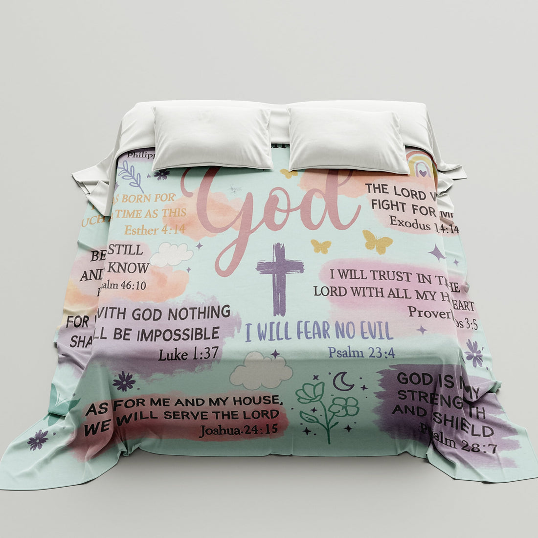 Pastel blanket with Bible verses and the phrase “I am a child of God,” symbolizing faith-inspired personalized gifts — Discover heartfelt personalized gifts at HerTender.com.