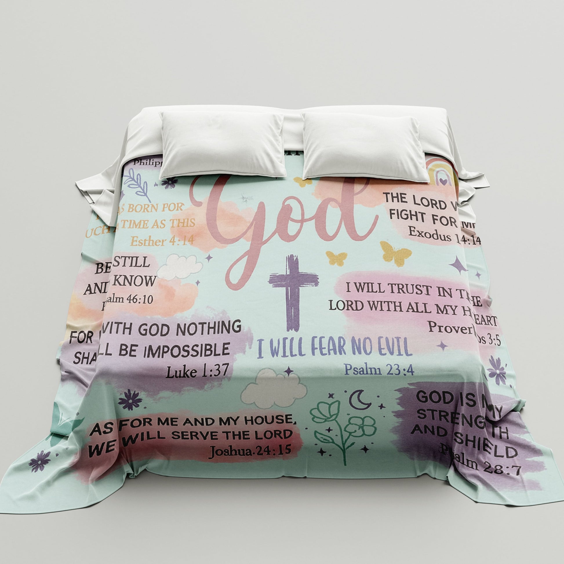 Pastel blanket with Bible verses and “I am a child of God” design neatly spread on a bed, symbolizing faith-inspired personalized gifts — Discover heartfelt personalized gifts at HerTender.com.