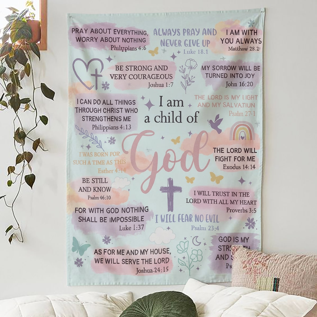 Pastel blanket with Bible verses and the phrase “I am a child of God” hanging on a cozy bedroom wall, symbolizing faith-inspired personalized gifts — Discover heartfelt personalized gifts at HerTender.com.