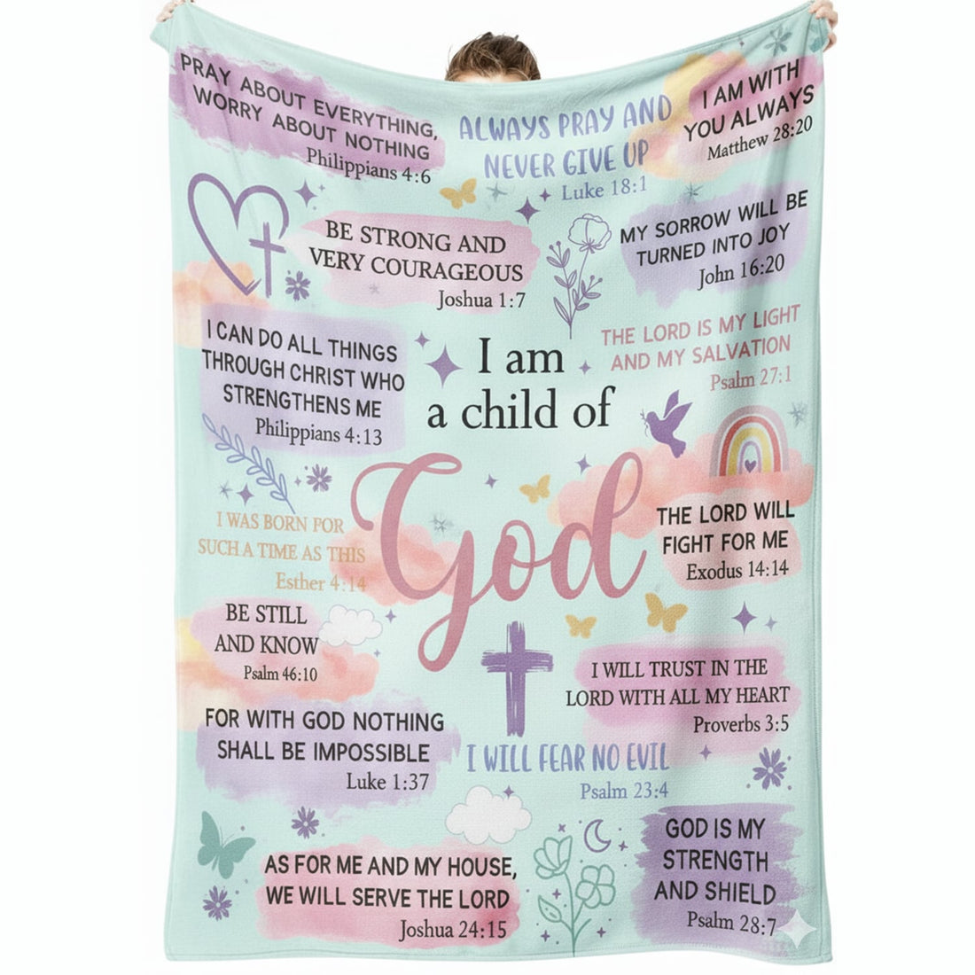 Pastel blanket with Bible verses and the phrase “I am a child of God,” symbolizing faith-inspired personalized gifts — Discover heartfelt personalized gifts at HerTender.com.