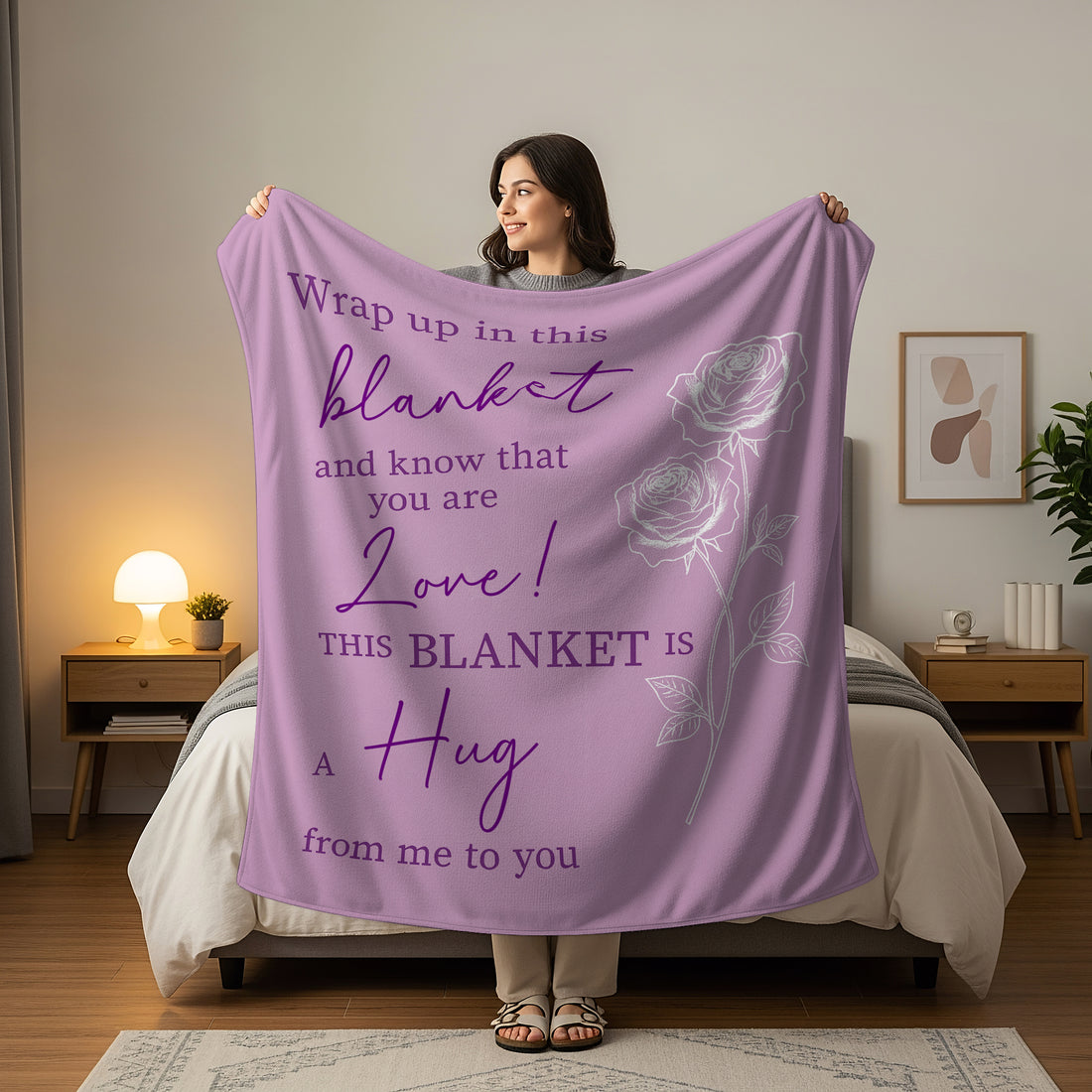 Lavender blanket with a rose and the message “This blanket is a hug from me to you,” symbolizing heartfelt personalized gifts — Discover meaningful personalized gifts at HerTender.com.