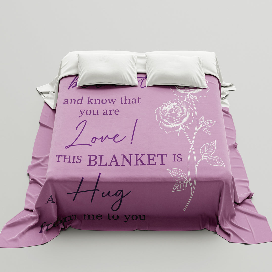 Lavender blanket with a rose and the message “This blanket is a hug from me to you,” symbolizing heartfelt personalized gifts — Discover meaningful personalized gifts at HerTender.com.