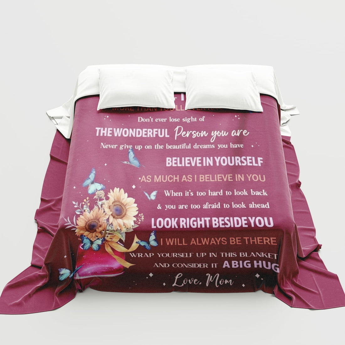 Heartfelt “Love, Mom” blanket with sunflowers and butterflies — a comforting Personalized Gift from HerTender.com that wraps your loved one in warmth and encouragement.