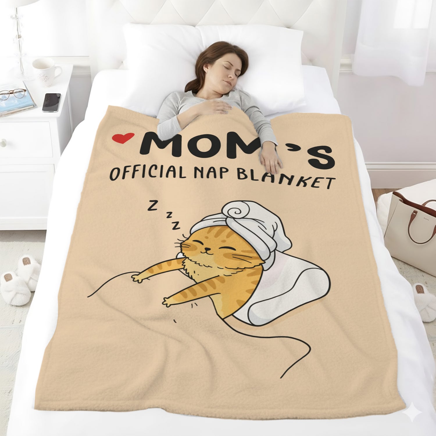 Soft beige “Mom’s Official Nap Blanket” — the sweetest Personalized Gift from HerTender.com, made for moms who deserve the coziest naps.