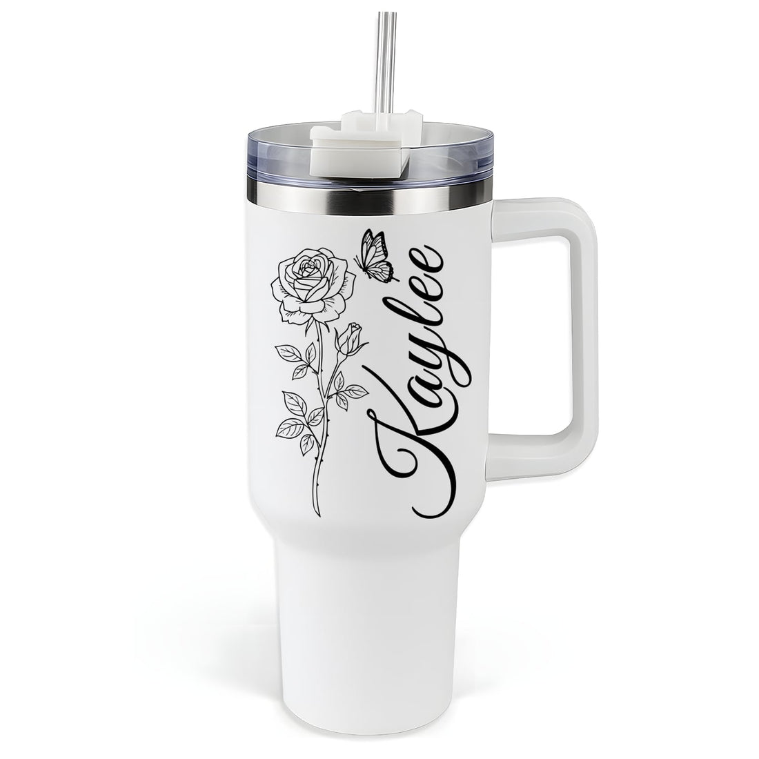 Beautiful personalized tumbler with rose and butterfly design — a timeless Personalized Gift from HerTender.com for her daily inspiration.