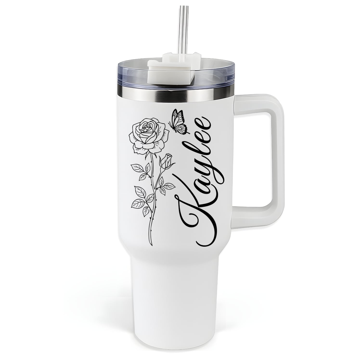 Beautiful personalized tumbler with rose and butterfly design — a timeless Personalized Gift from HerTender.com for her daily inspiration.