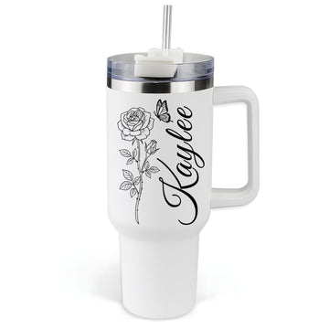 Beautiful personalized tumbler with rose and butterfly design — a timeless Personalized Gift from HerTender.com for her daily inspiration.