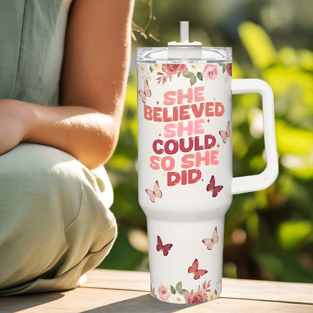 Inspirational tumbler with quote “She believed she could, so she did” — a beautiful and empowering Personalized Gift from HerTender.com for strong, confident women.