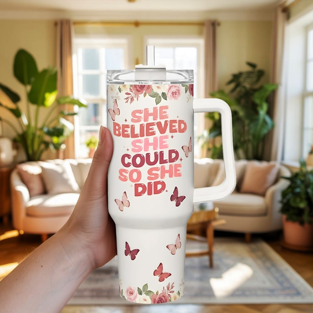 Inspirational floral tumbler with “She believed she could, so she did” — a meaningful Personalized Gift from HerTender.com that celebrates confidence and self-love.