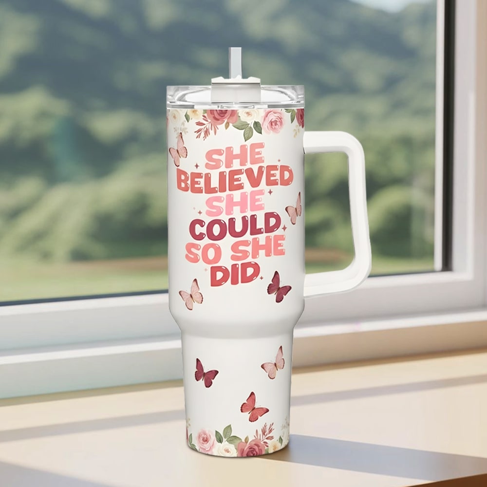 Floral butterfly tumbler with “She believed she could, so she did” — an inspiring Personalized Gift from HerTender.com that celebrates confidence and belief in yourself.