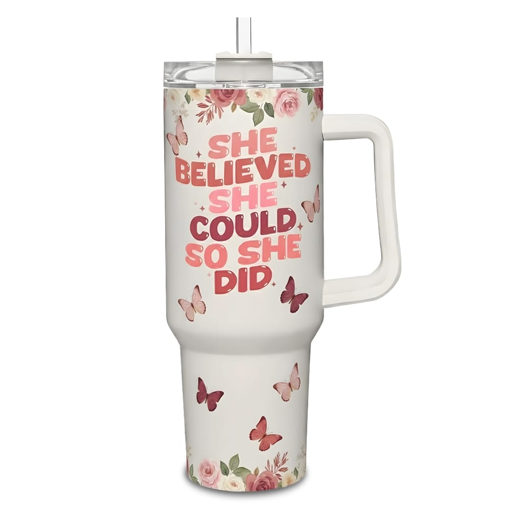 Inspirational tumbler with quote “She believed she could, so she did” — a beautiful and empowering Personalized Gift from HerTender.com for strong, confident women.