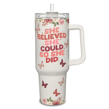 Inspirational tumbler with quote “She believed she could, so she did” — a beautiful and empowering Personalized Gift from HerTender.com for strong, confident women.