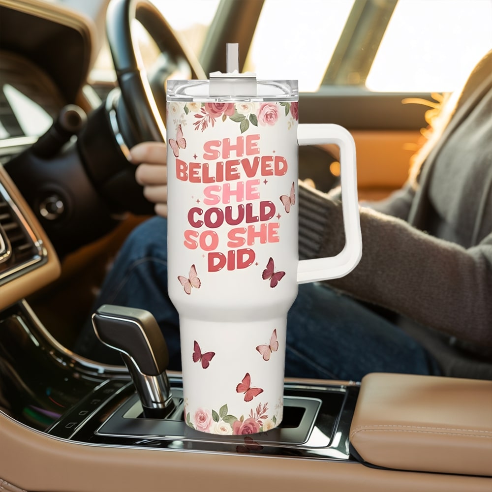 Motivational floral tumbler with quote “She believed she could, so she did” — an inspiring Personalized Gift from HerTender.com for confident, driven women.
