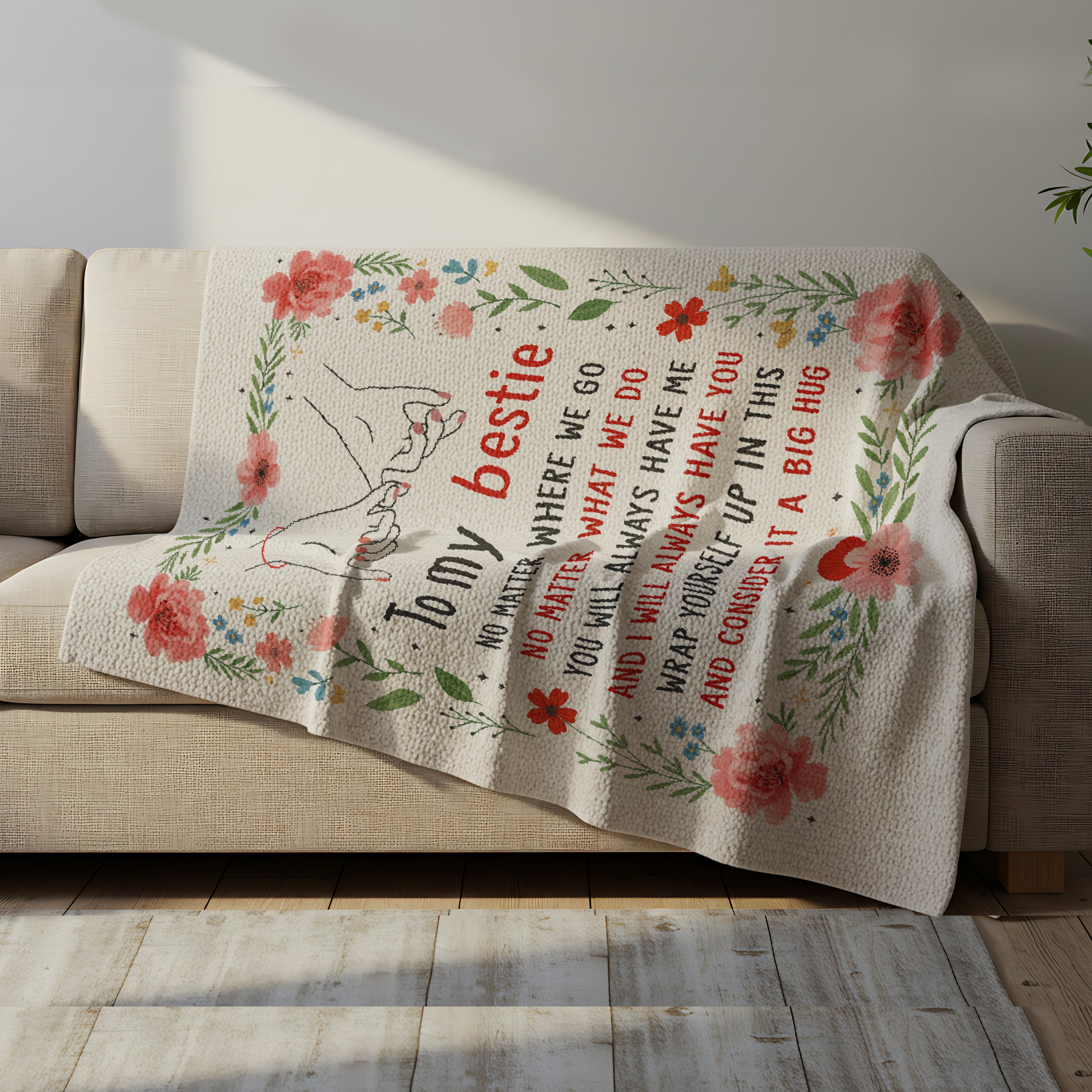 Floral “To My Bestie” pinky promise blanket draped over a sofa in warm sunlight — Discover sentimental personalized gifts for best friends at HerTender.com.