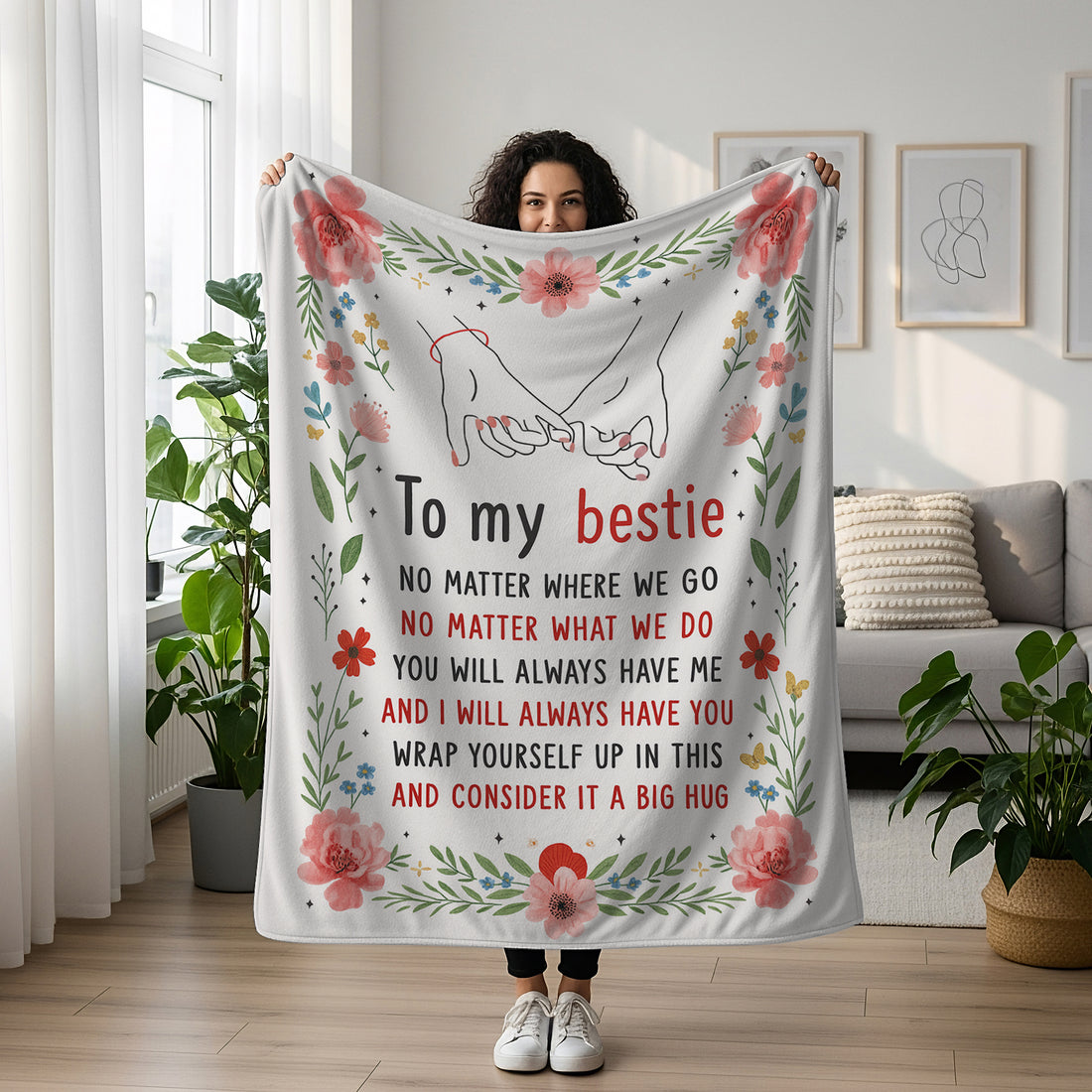 Woman holding a floral “To My Bestie” pinky promise blanket with a heartfelt friendship message — Find meaningful personalized gifts for best friends at HerTender.com.