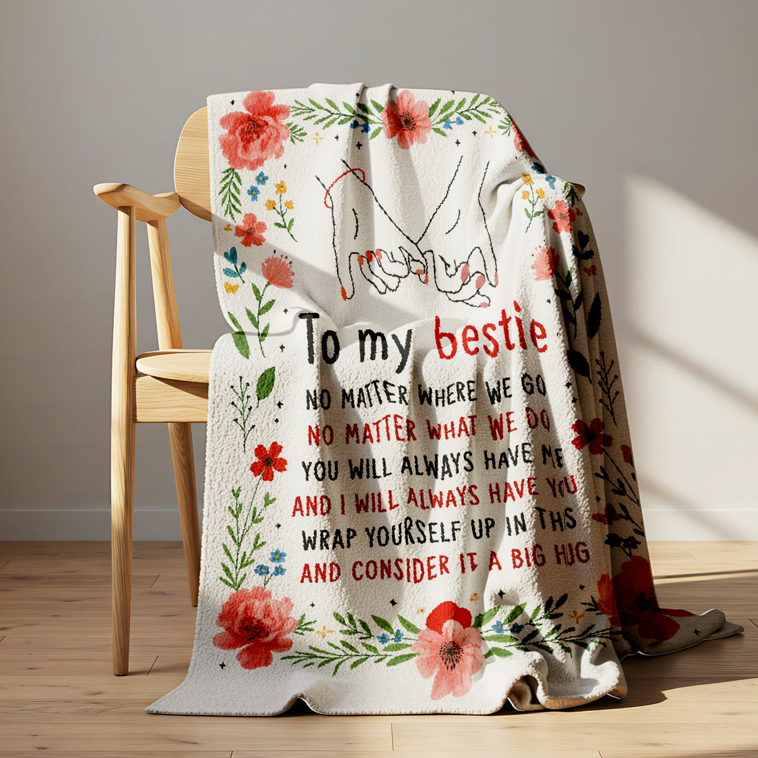 Woman holding a floral “To My Bestie” pinky promise blanket with a heartfelt friendship message — Find meaningful personalized gifts for best friends at HerTender.com.