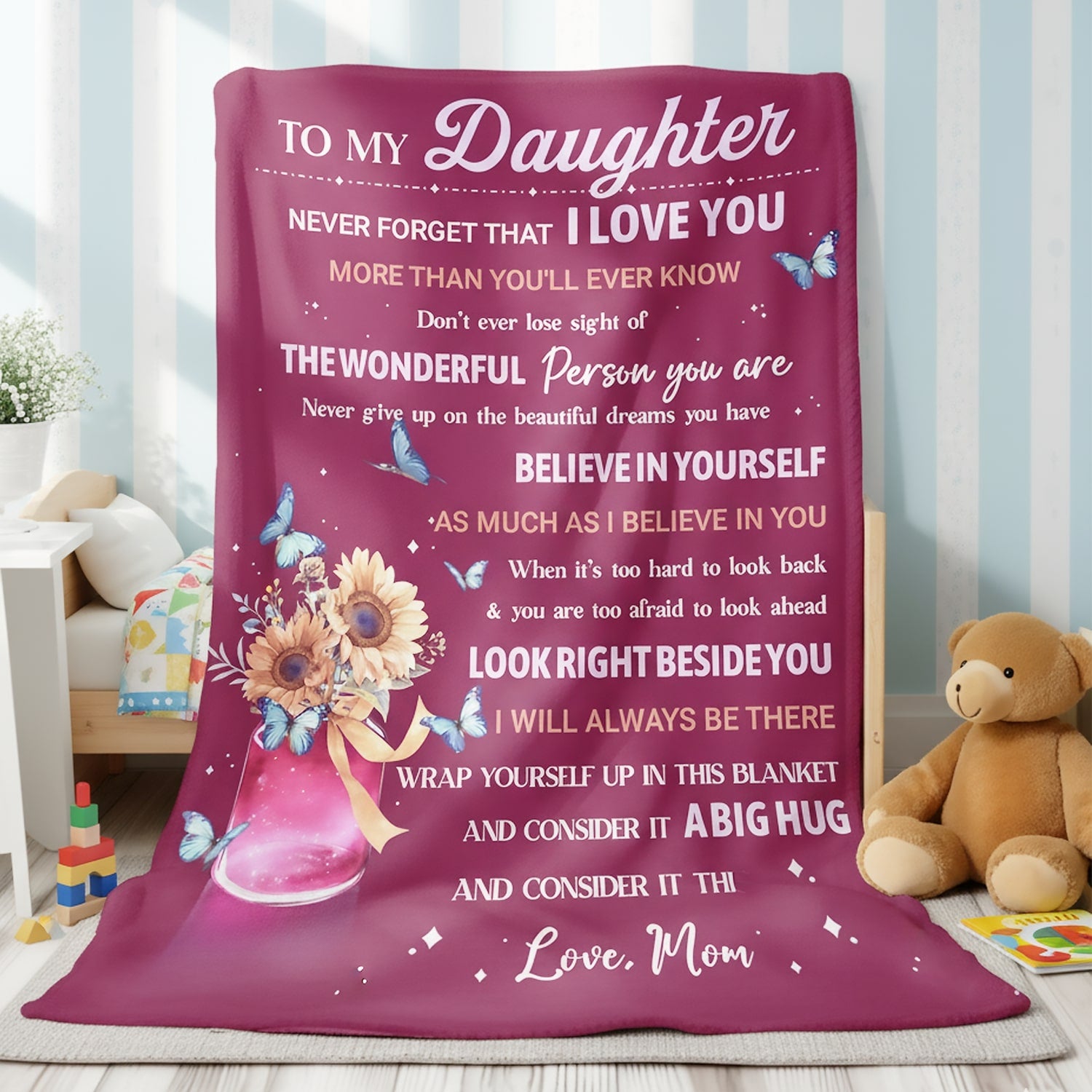 Heartfelt “To My Daughter” blanket with sunflowers and butterflies — a warm Personalized Gift from HerTender.com that reminds your daughter of your love every day.