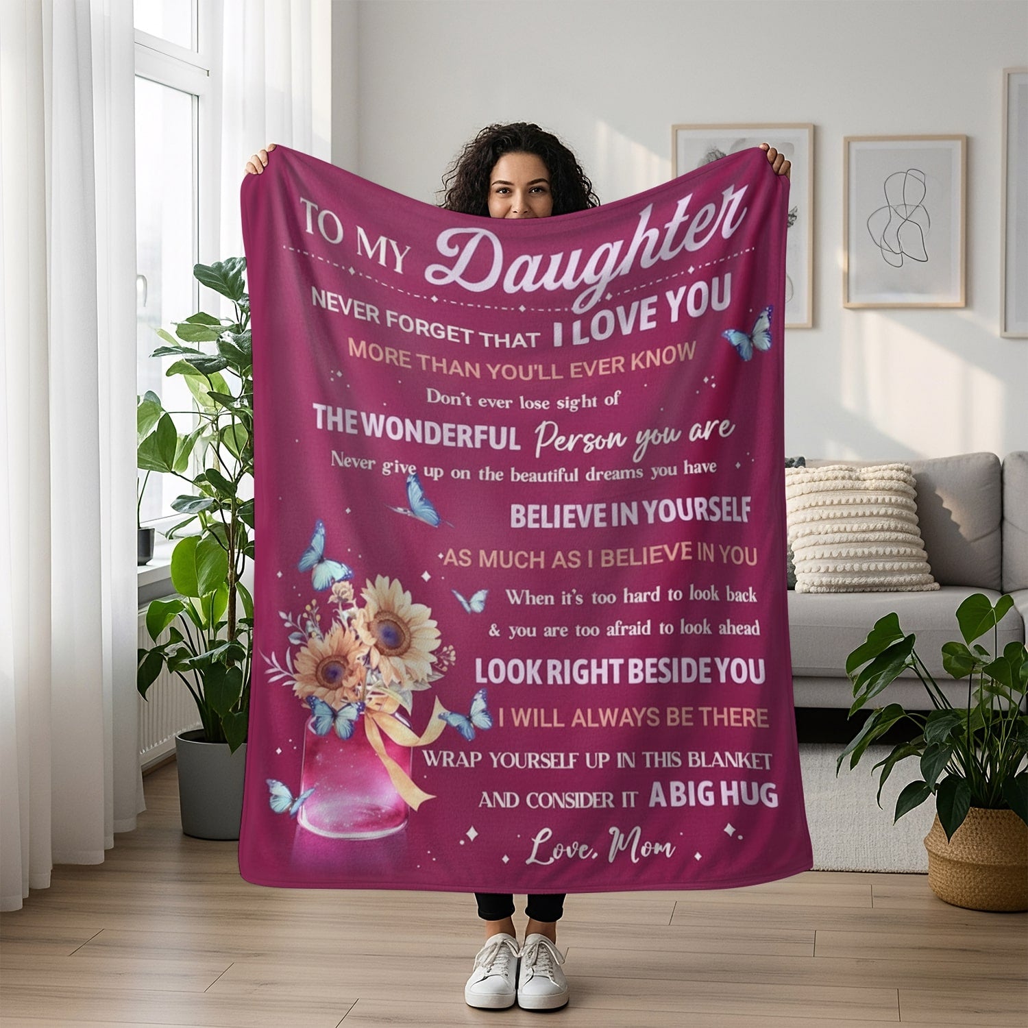 “To My Daughter” blanket from HerTender.com — a soft, inspiring Personalized Gift filled with a mother’s love, encouragement, and warmth.