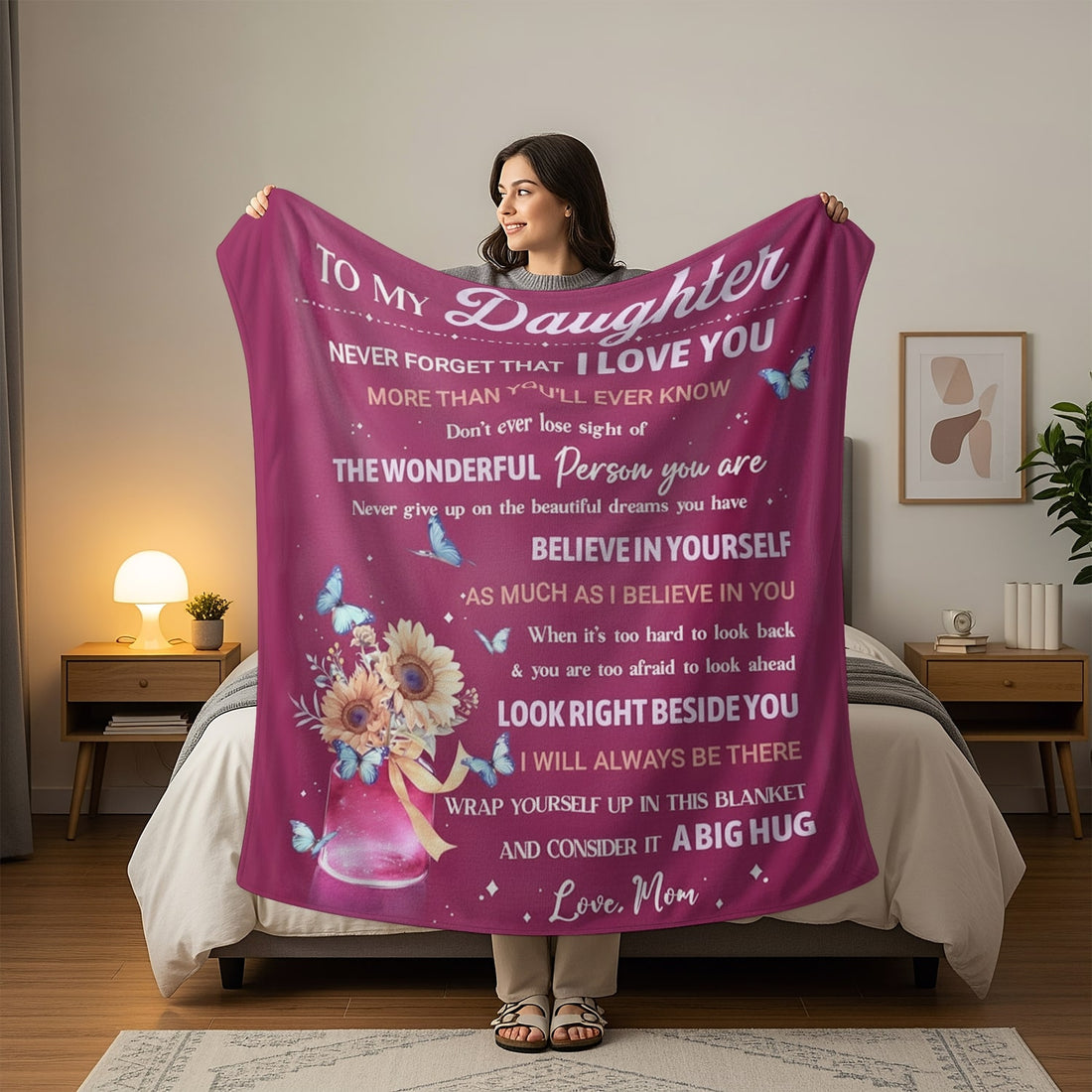 Heartfelt “Love, Mom” blanket with sunflowers and butterflies — a comforting Personalized Gift from HerTender.com that wraps your loved one in warmth and encouragement.