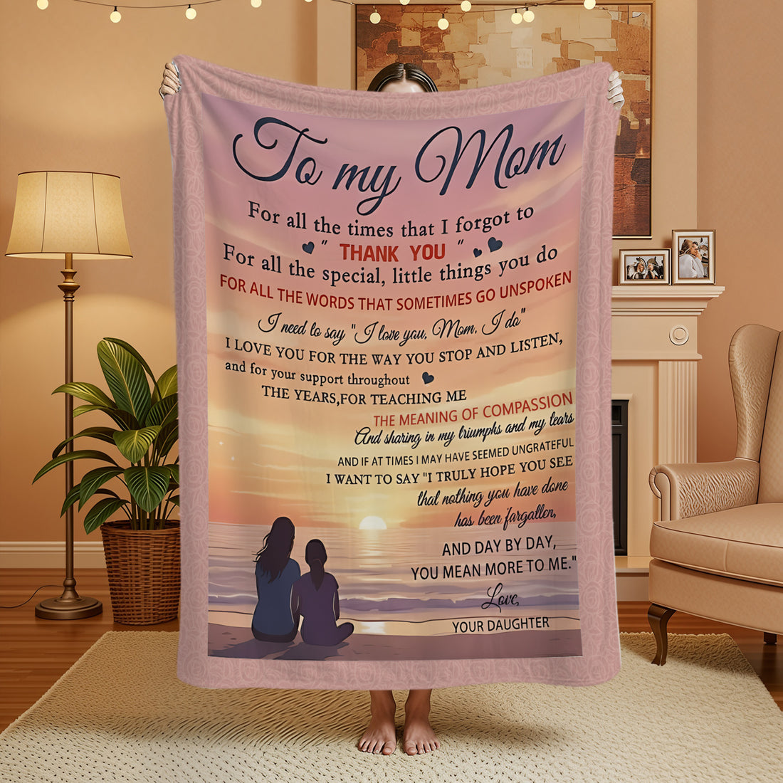 “To My Mom” sunset blanket with touching message — a meaningful Personalized Gift from HerTender.com that wraps Mom in love and warmth.