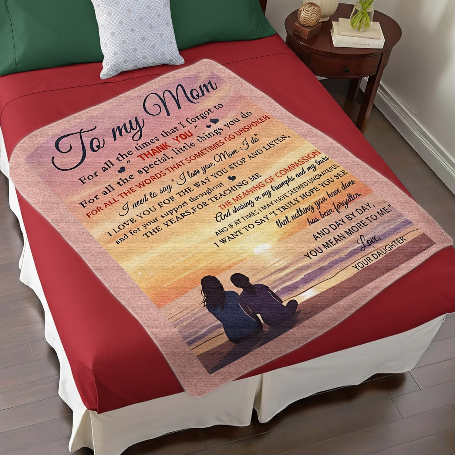“To My Mom” sunset blanket — a beautiful Personalized Gift from HerTender.com that reminds Mom how loved she truly is.