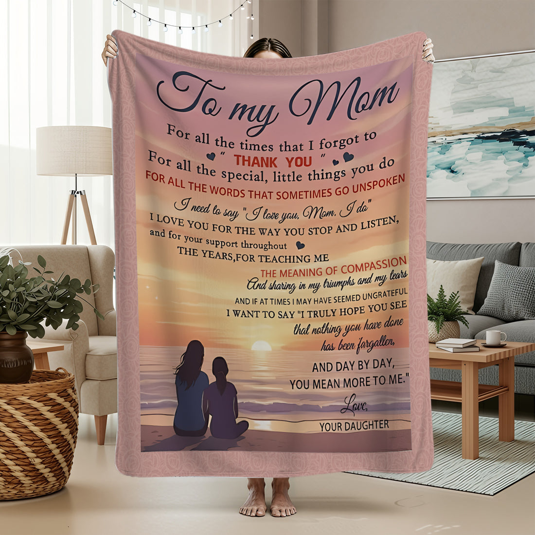 “To My Mom” sunset blanket with touching message — a meaningful Personalized Gift from HerTender.com that wraps Mom in love and warmth.