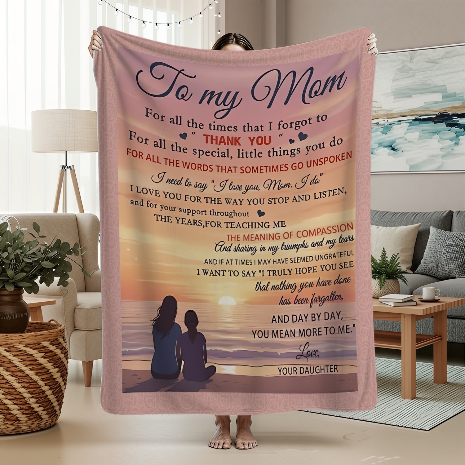 “To My Mom” sunset blanket with touching message — a meaningful Personalized Gift from HerTender.com that wraps Mom in love and warmth.