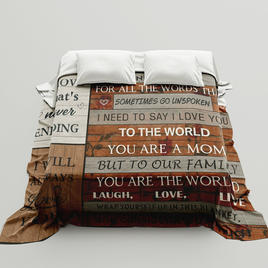 Rustic wood-style blanket on a bed with the message “To the world you are a mom, but to our family you are the world,” symbolizing heartfelt personalized gifts — Discover meaningful personalized gifts at HerTender.com.