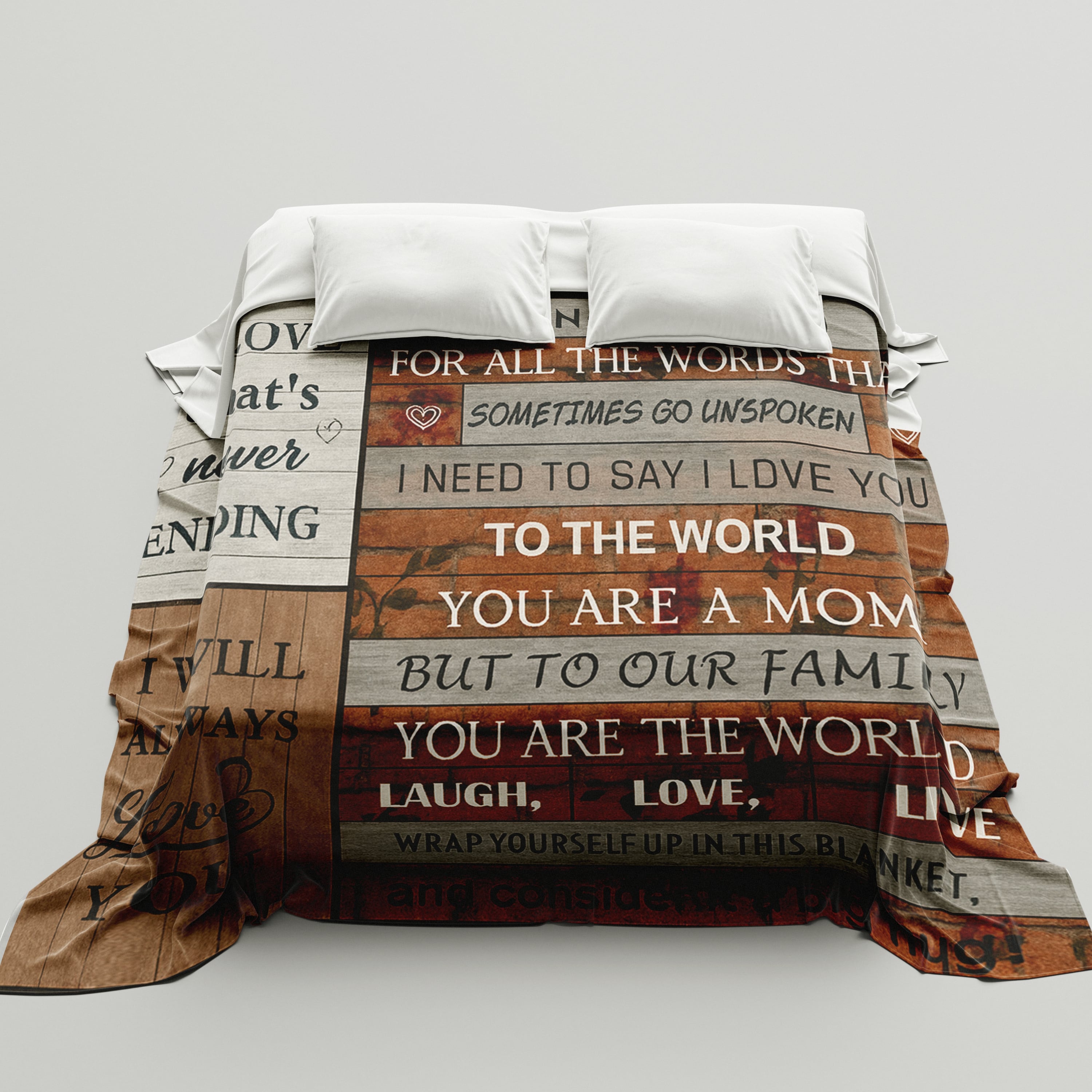 Rustic wood-style blanket on a bed with the message “To the world you are a mom, but to our family you are the world,” symbolizing heartfelt personalized gifts — Discover meaningful personalized gifts at HerTender.com.