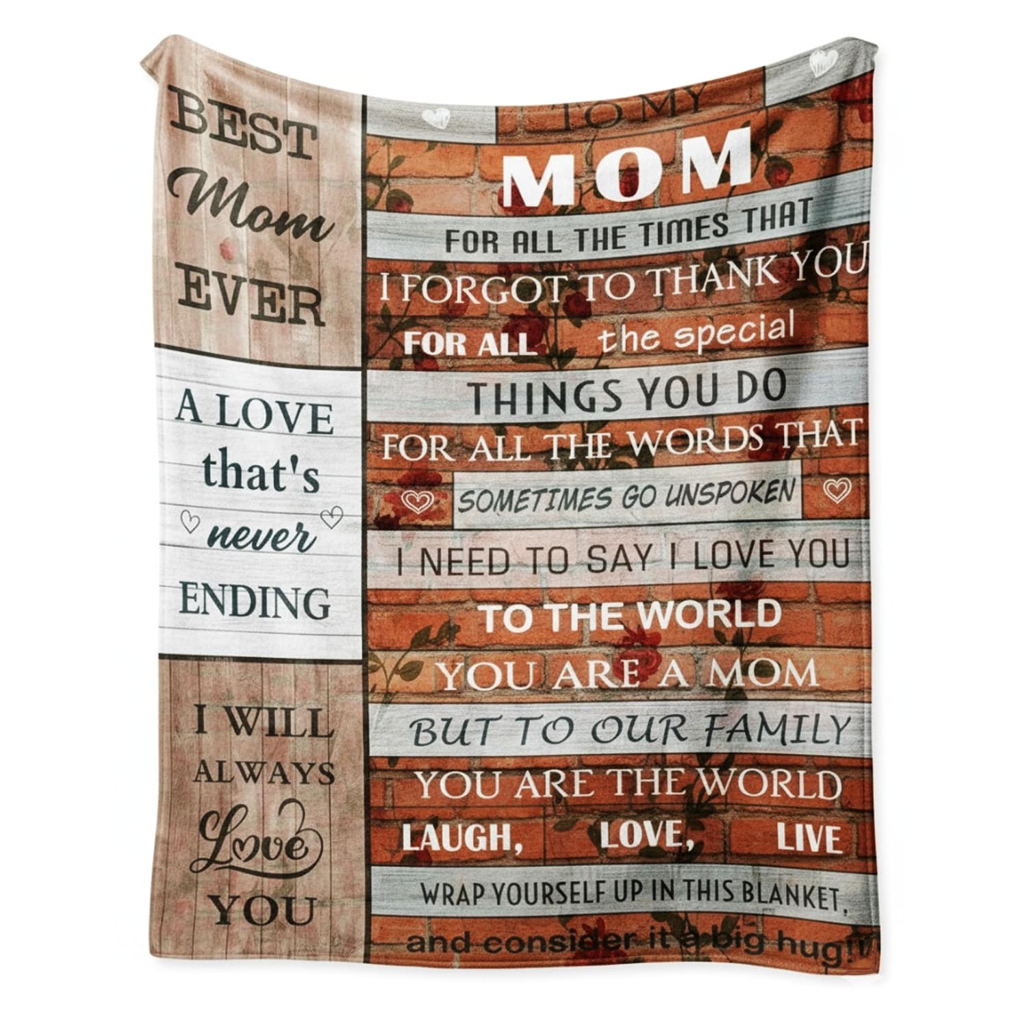 Rustic wood and brick-style blanket with the message “To the world you are a mom, but to our family you are the world,” symbolizing heartfelt personalized gifts — Discover meaningful personalized gifts at HerTender.com.