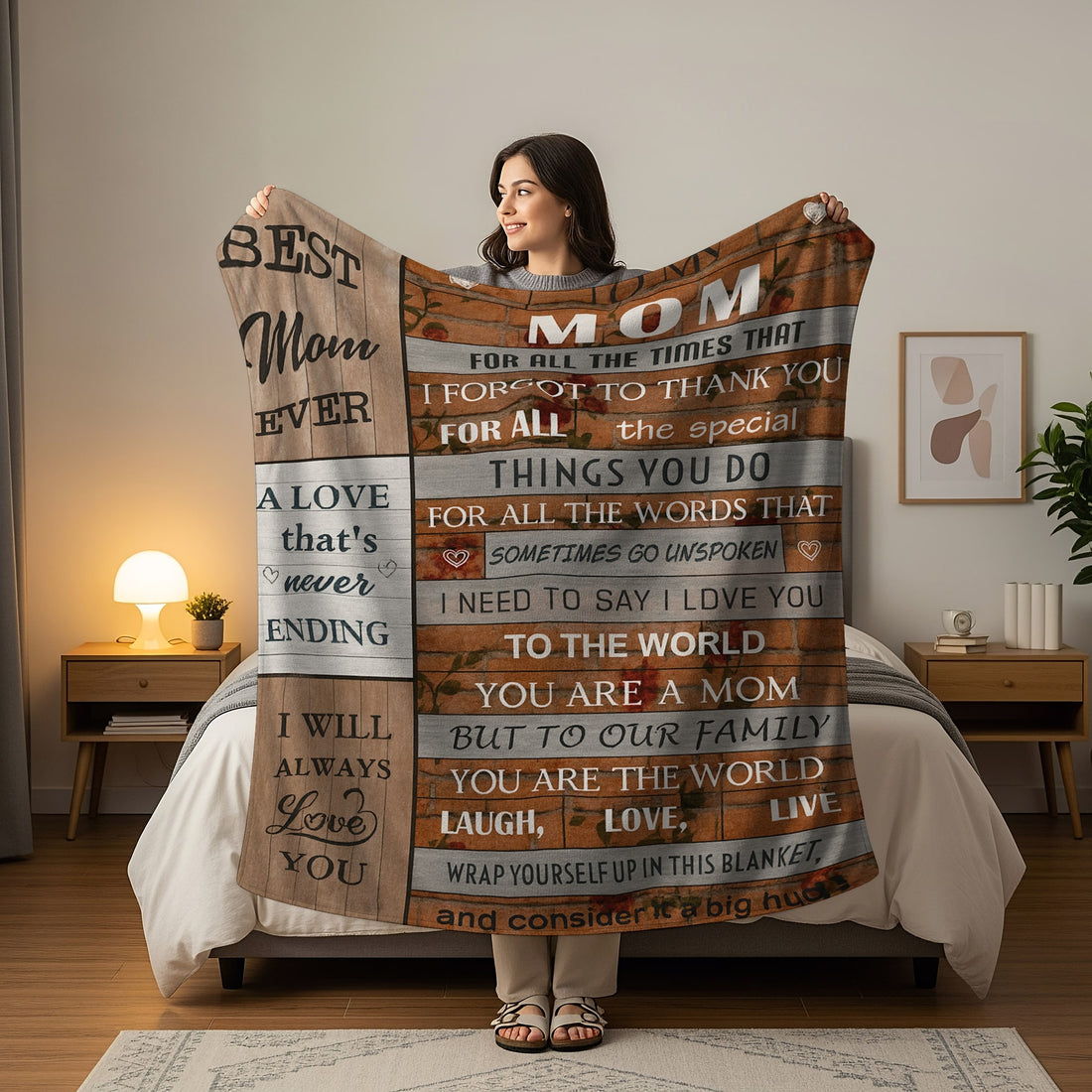Rustic wood-style blanket on a bed with the message “To the world you are a mom, but to our family you are the world,” symbolizing heartfelt personalized gifts — Discover meaningful personalized gifts at HerTender.com.
