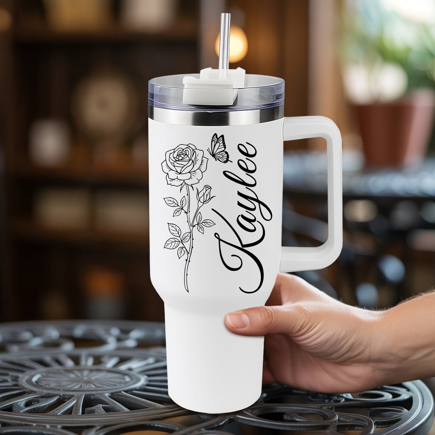Beautiful rose and butterfly personalized tumbler with name Kaylee — a thoughtful, elegant Personalized Gift from HerTender.com for her daily coffee or tea moments.