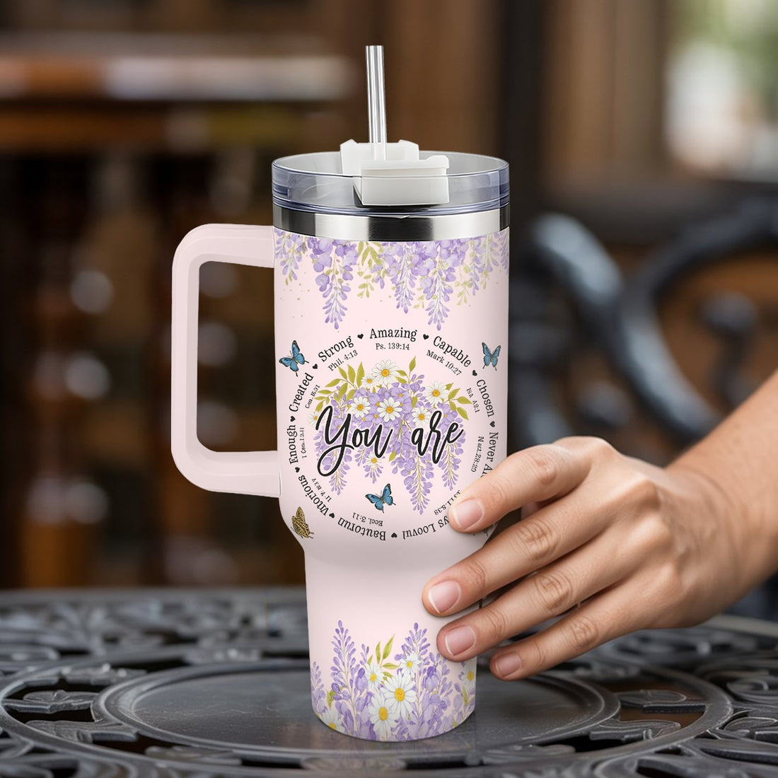 Faith-inspired pink tumbler with lavender blooms and affirmations — a heartfelt Personalized Gift from HerTender.com reminding her she’s loved, chosen, and strong.