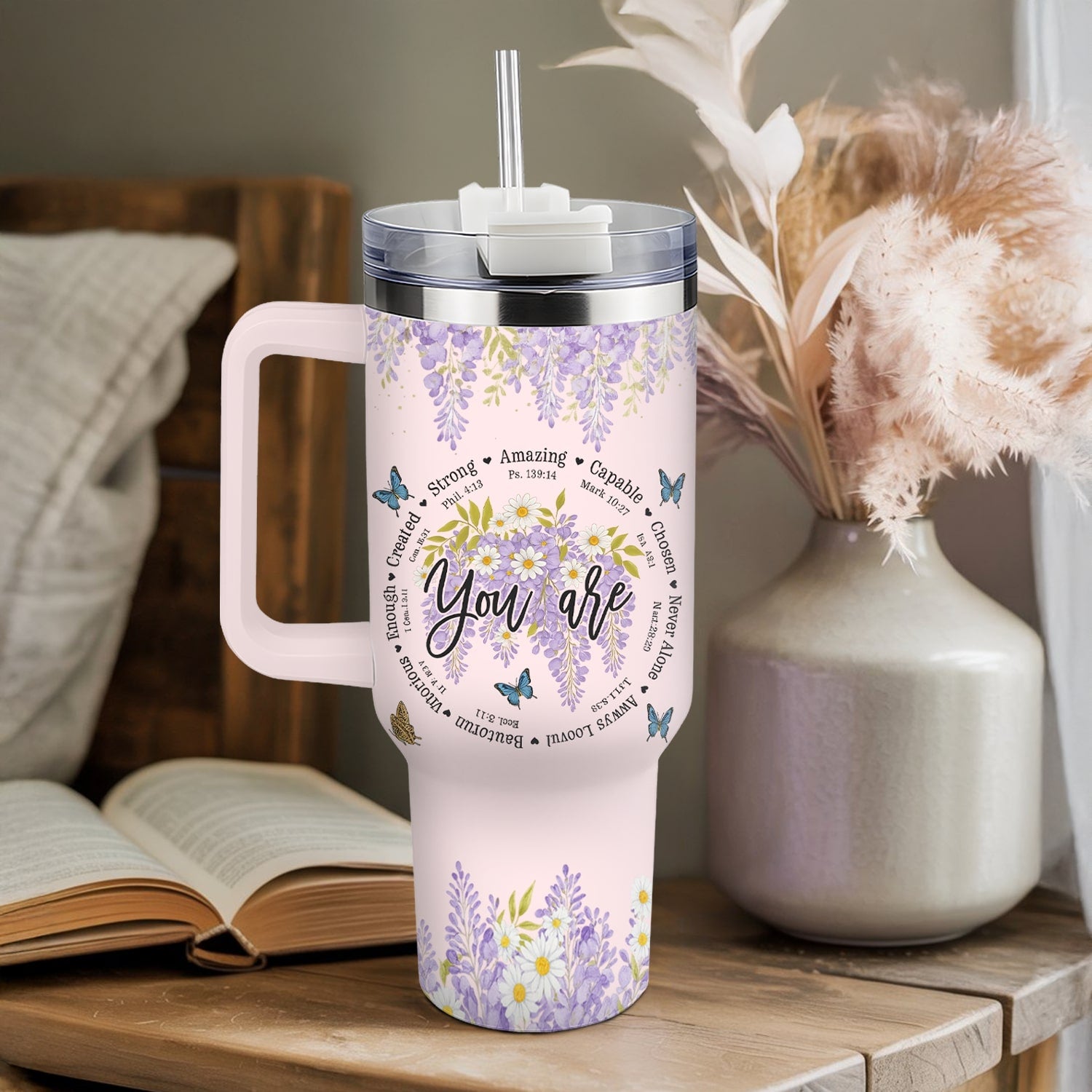 Faith-inspired pink tumbler with lavender blooms and uplifting affirmations — a tender Personalized Gift from HerTender.com reminding her she’s loved, strong, and beautifully created.
