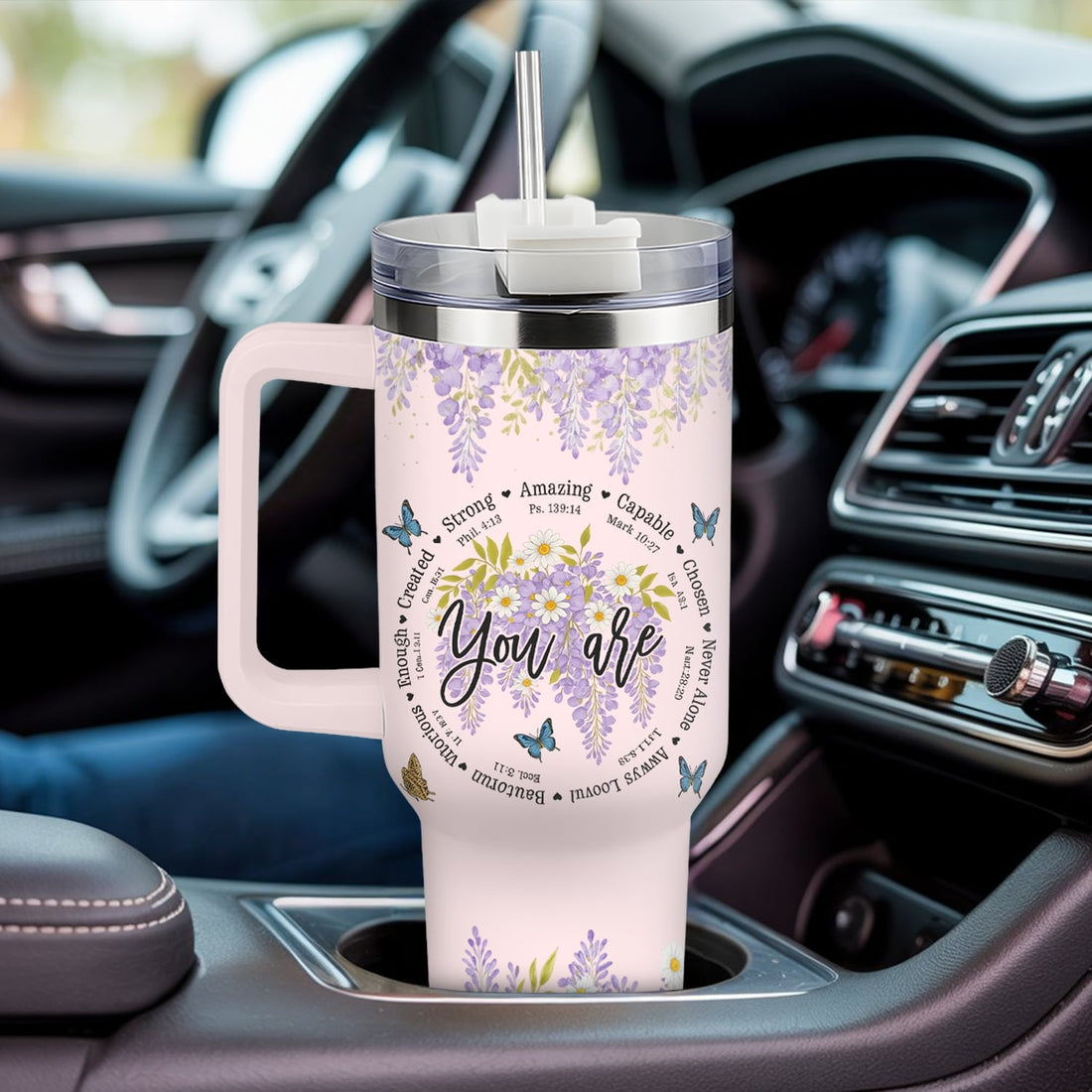 Faith-inspired pink tumbler with lavender blooms and affirmations — a heartfelt Personalized Gift from HerTender.com reminding her she’s loved, chosen, and strong.