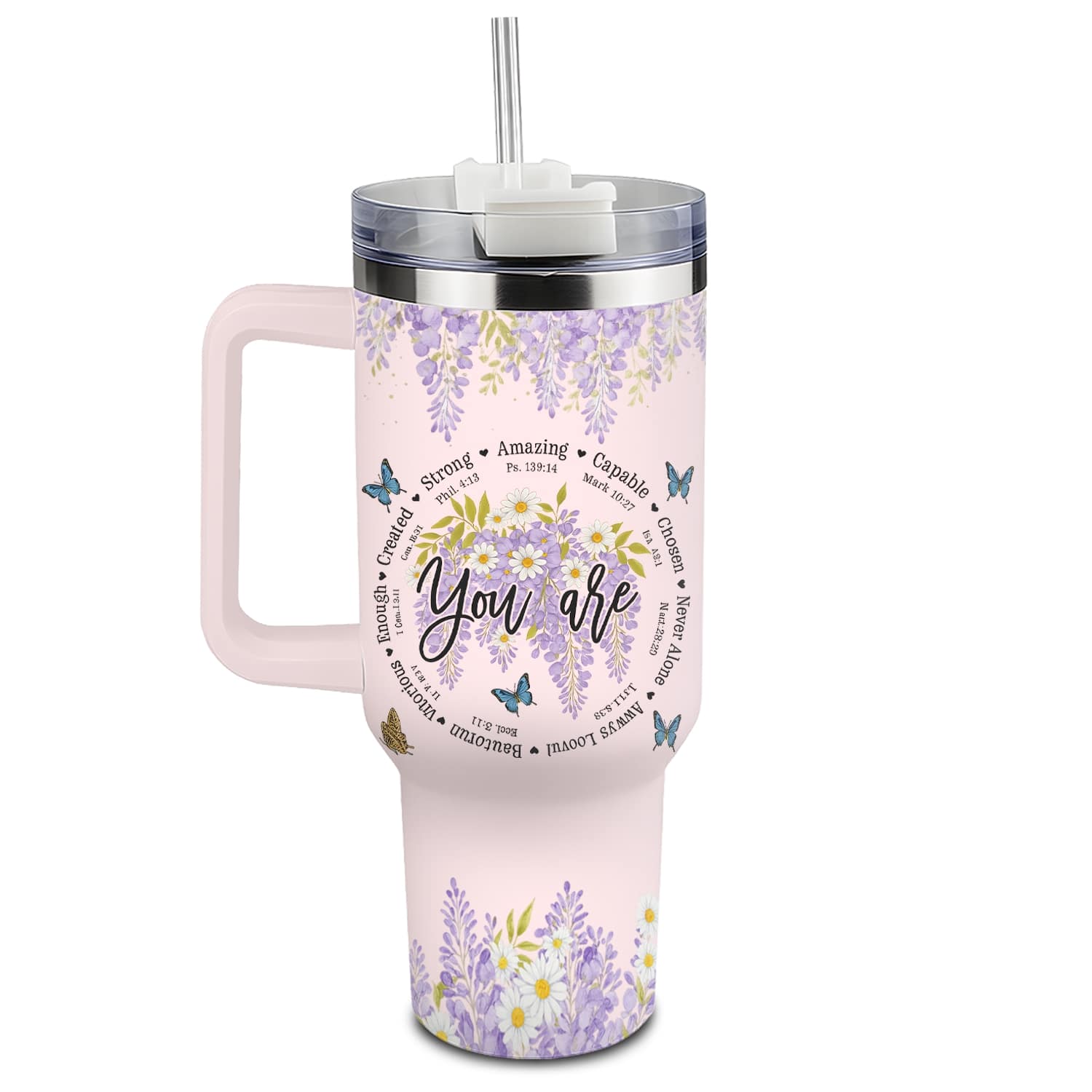 Faith-inspired pink tumbler with lavender flowers and uplifting affirmations — a meaningful Personalized Gift from HerTender.com reminding her she’s beautifully created and never alone.