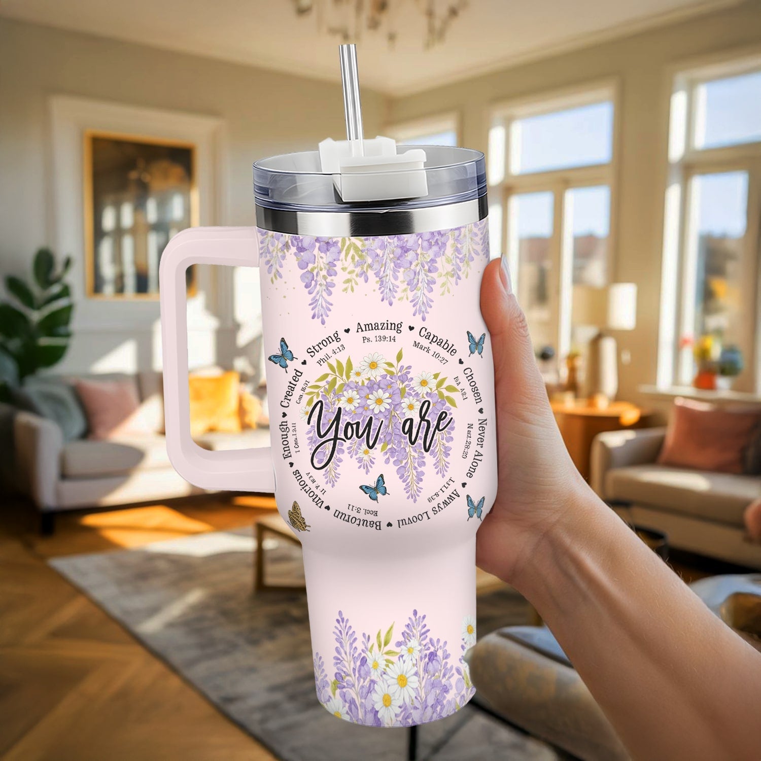 Faith-inspired pink tumbler with lavender blooms and affirmations — a heartfelt Personalized Gift from HerTender.com reminding her she’s strong, loved, and never alone.