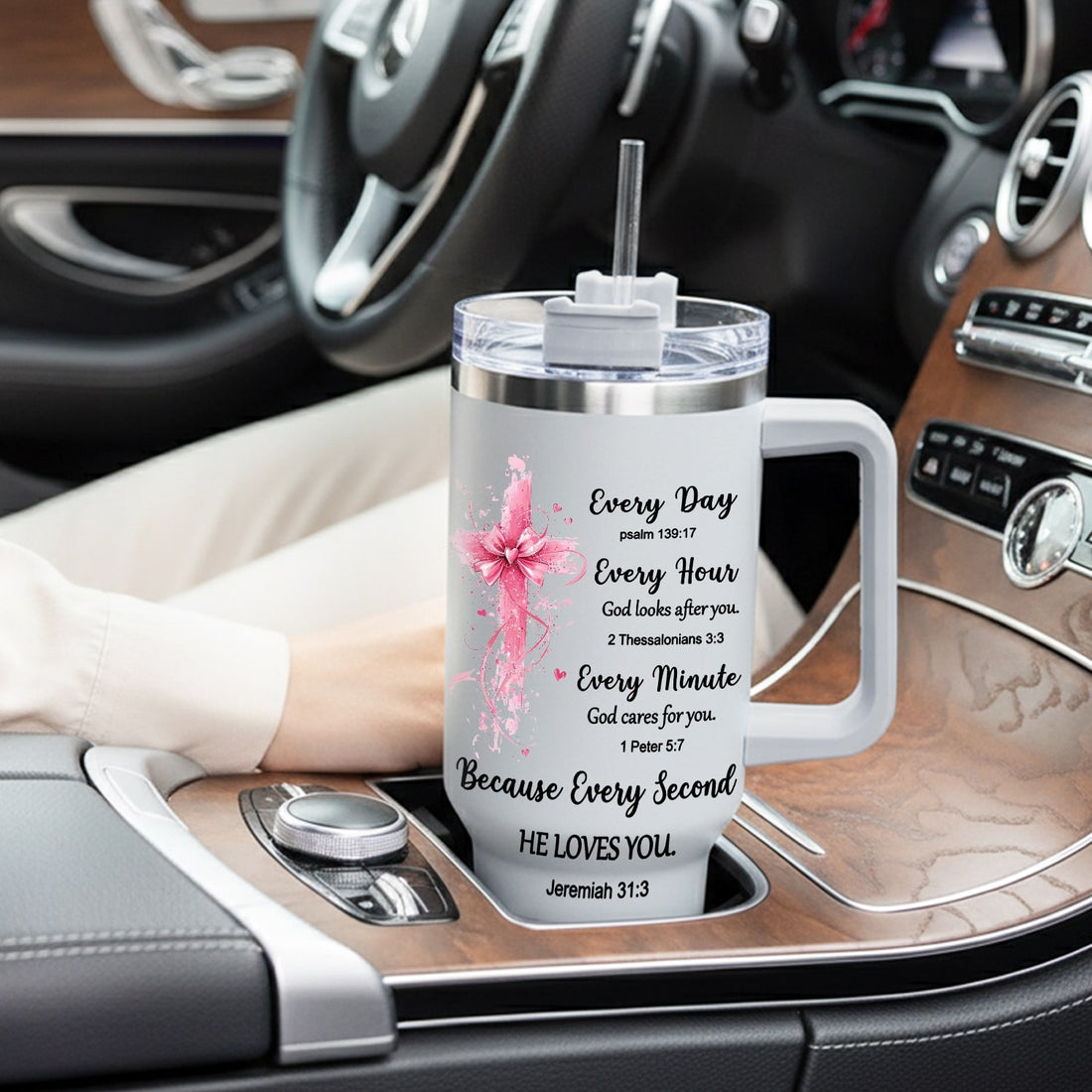 Faith-inspired white tumbler with pink cross — a heartfelt Personalized Gift from HerTender.com that reminds her God’s love travels with her every moment.