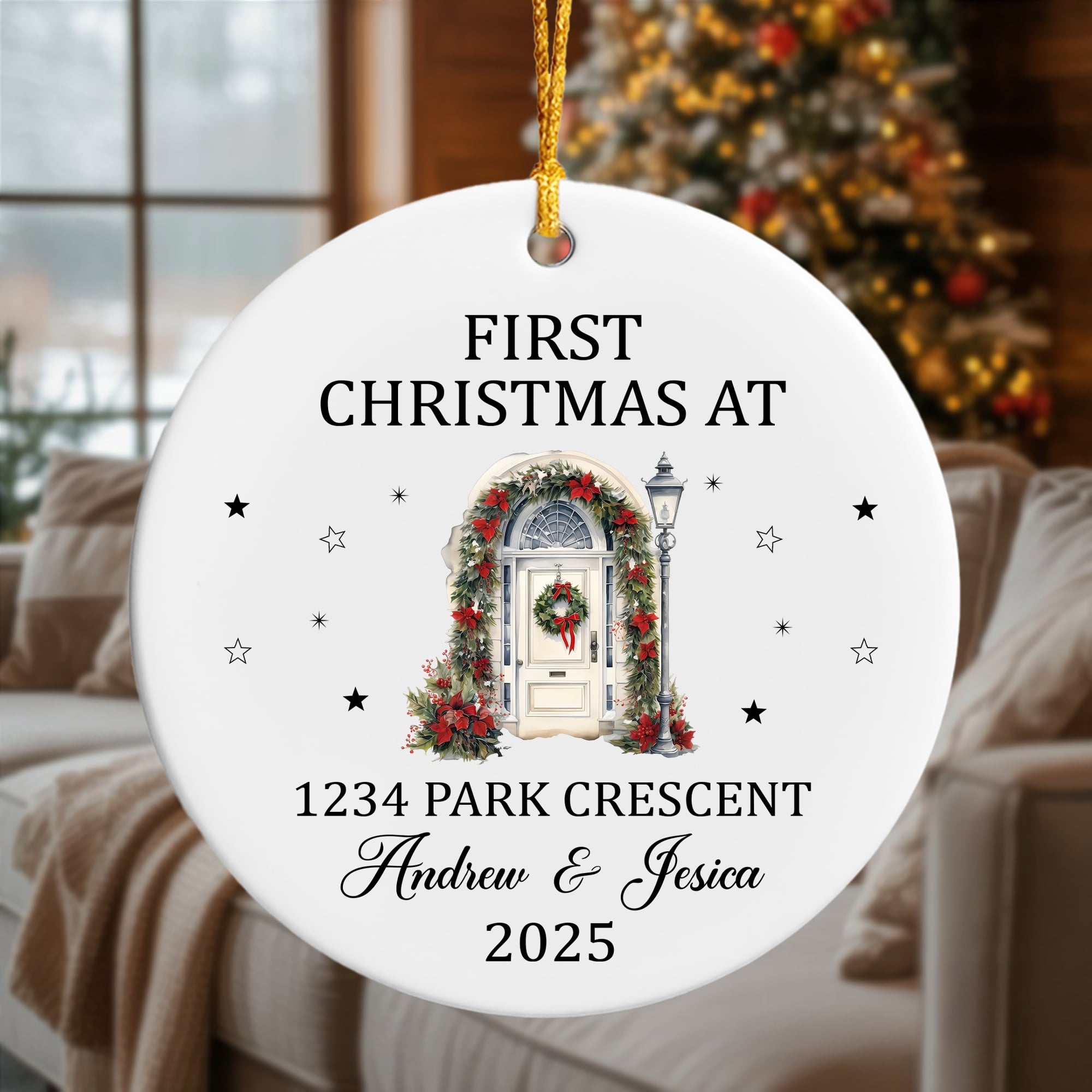 “First Christmas at Our New Address” Ornament 2025 – New Home Keepsake for Couples & Families | Hertender