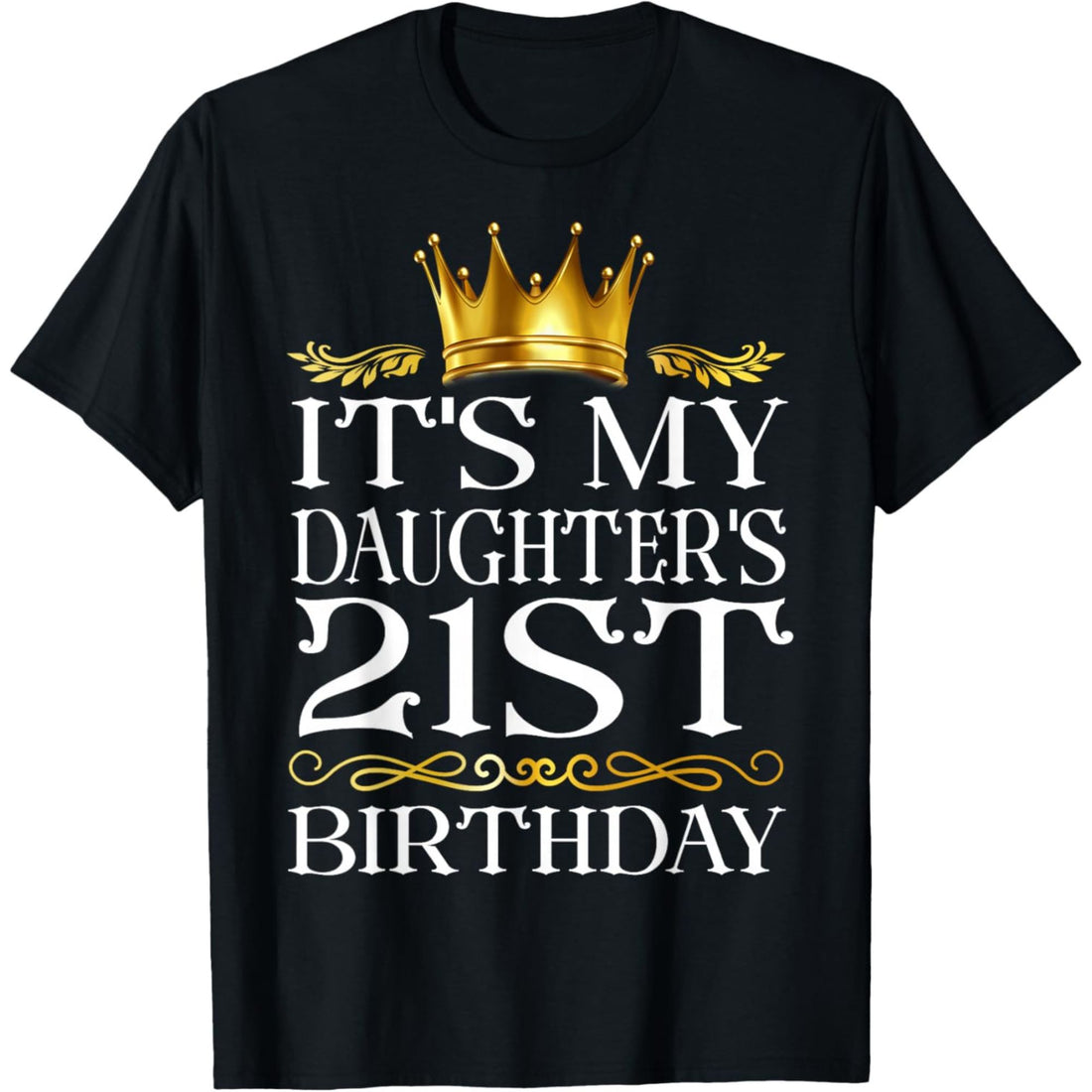 Black T-shirt with pink rhinestone “21 it’s my birthday” design and crown detail, a glamorous 21st birthday gift for daughter—shop this sparkly celebration tee for her big day.