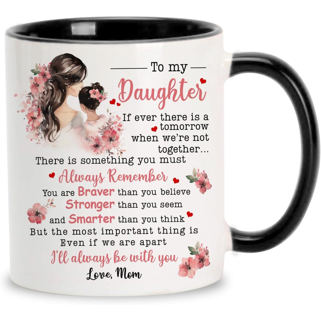Floral mother and daughter illustration mug with a heartfelt message from mom, a touching 21st birthday gift for daughter—shop this emotional keepsake mug to remind her she’s never alone.