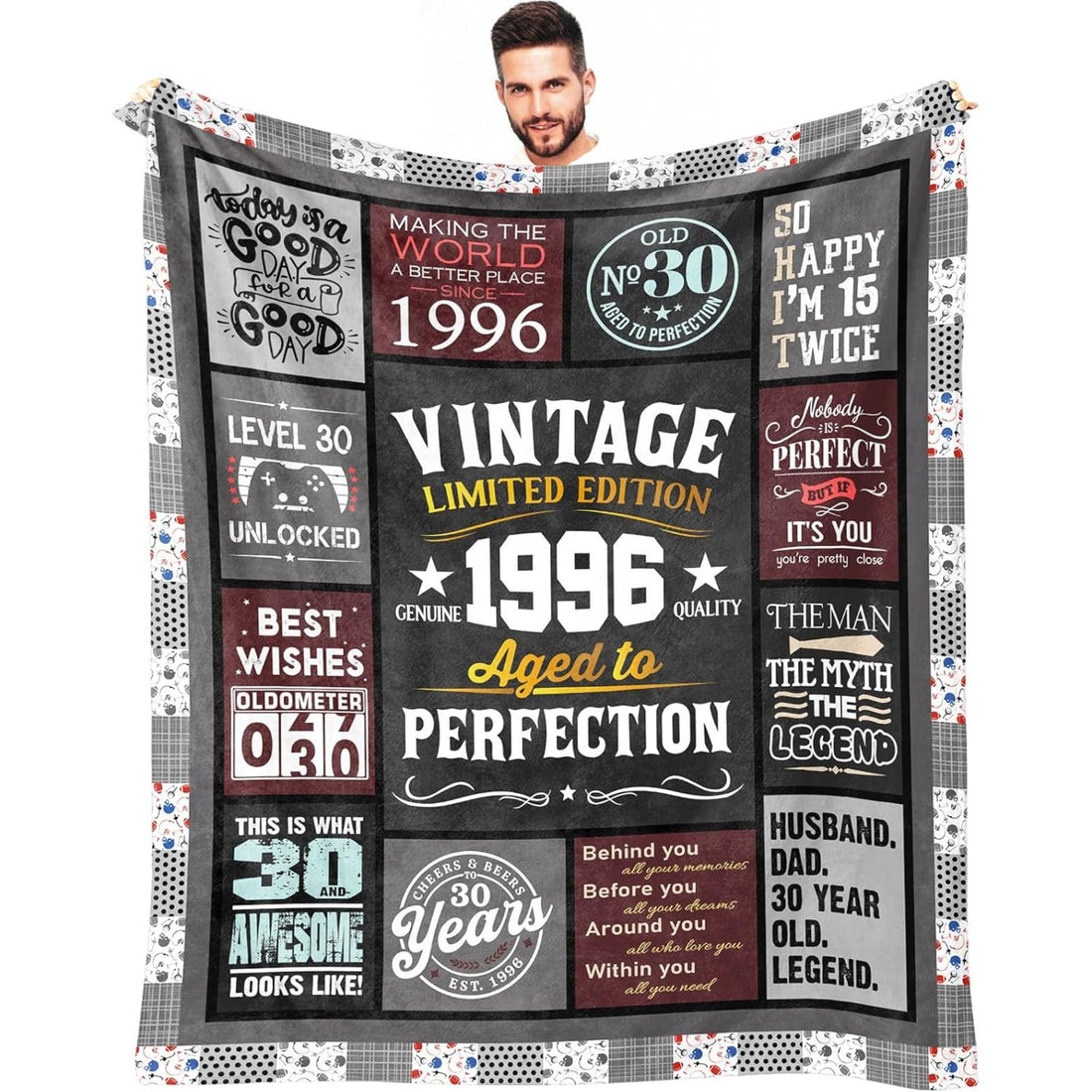 Vintage 1996 “Aged to Perfection” birthday blanket for boyfriend with bold humor — Make his 30th unforgettable with a unique gift from Hertender.com.