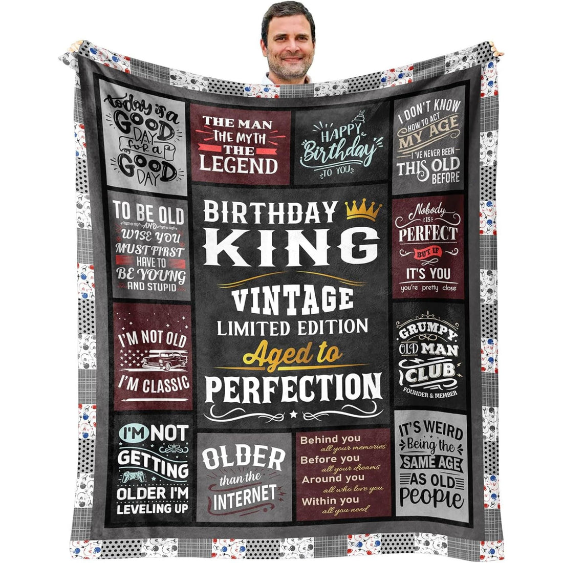 Vintage 1996 “Aged to Perfection” birthday blanket for boyfriend with bold humor — Make his 30th unforgettable with a unique gift from Hertender.com.