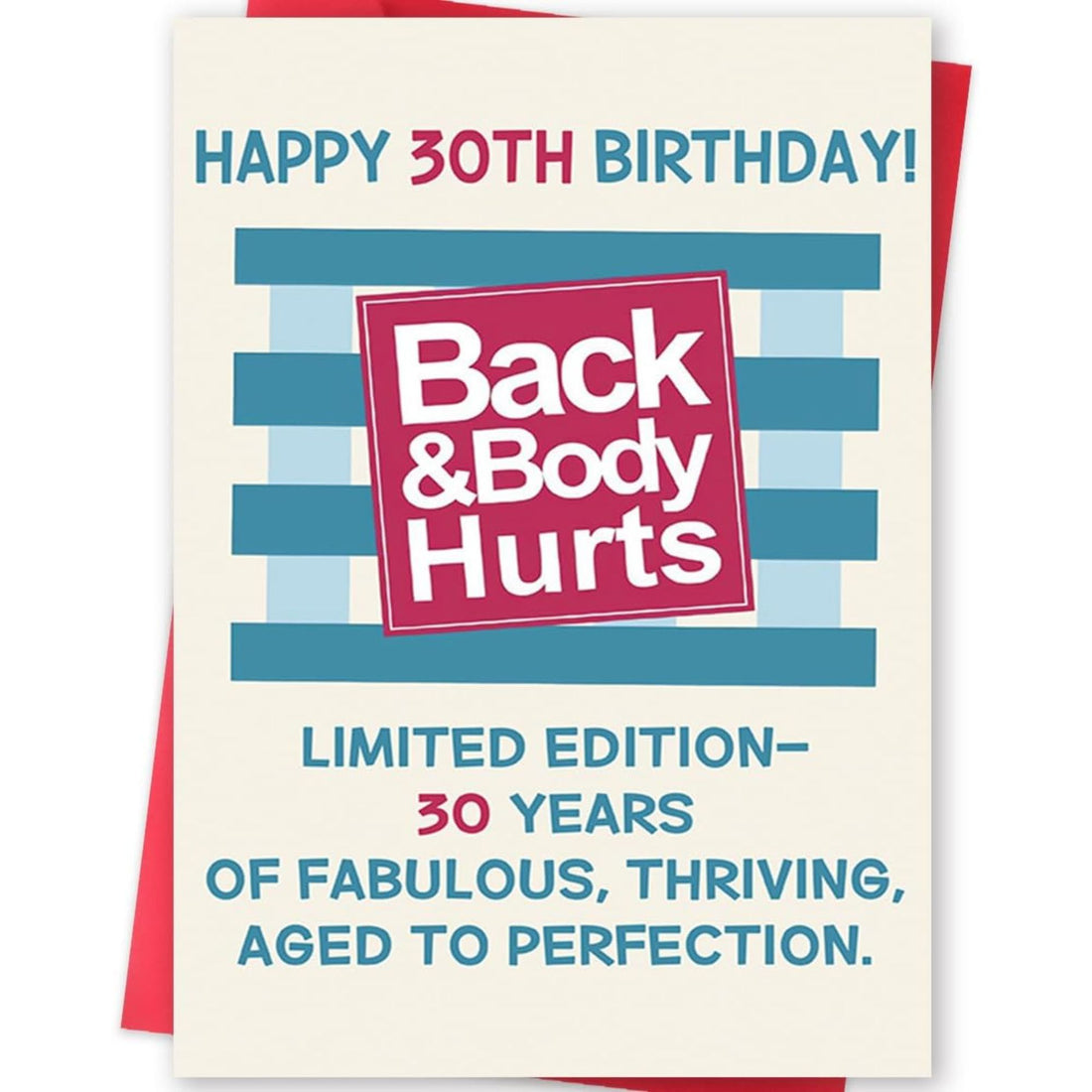 Funny “Back & Body Hurts” 30th birthday card, a cheeky and relatable 30th birthday gift for girlfriend that celebrates aging with humor and confidence.